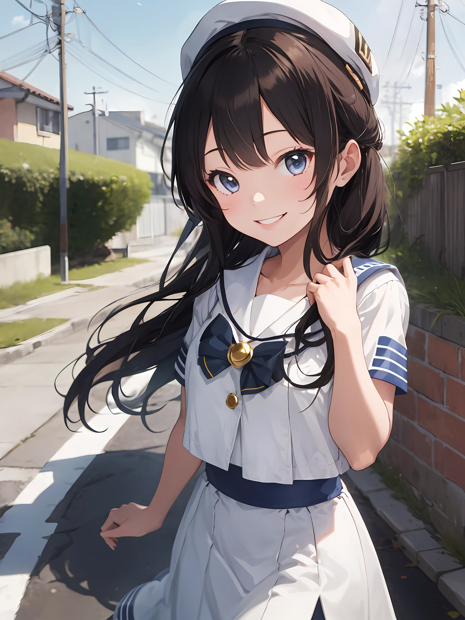 masterpiece, best quality, 1girl, solo, mizunashi_akari,sailor collar, white_dress,hat,smile face,