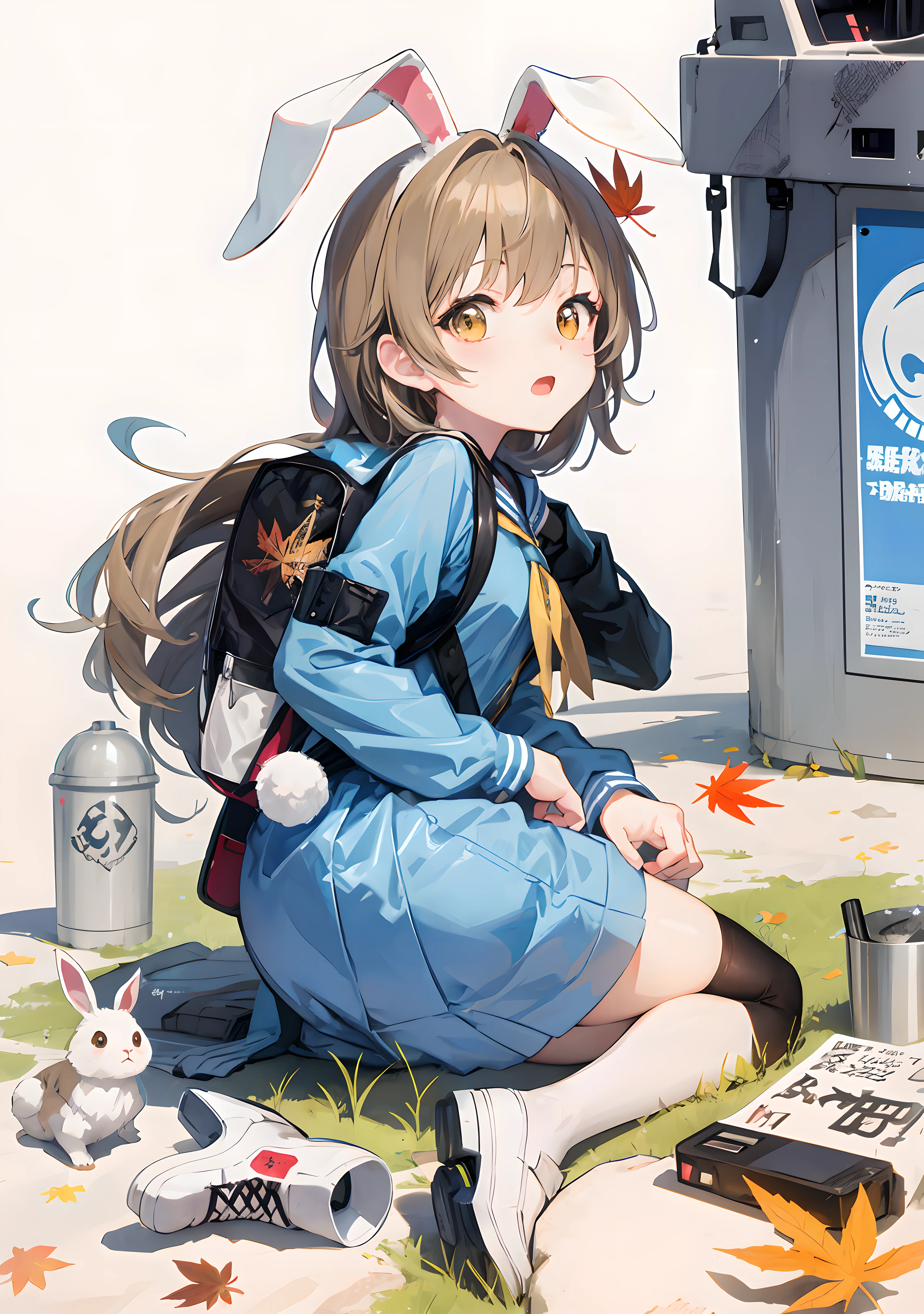 Anime girl sitting on the ground with rabbit ears and trash can next to it，Carrying a backpack and a pair of shoes, Kantai collection style, girls frontline style, Anime moe art style, the anime girl is crouching, from girls frontline, anime visual of a cute girl, zerochan art, a-1 pictures, (animemanga girl), 🍁 kawaii, anime girl drinks energy drink, Marin Kitagawa fanart，white stockings，optimal quality，ultra high def，Extreme light and shadow，azur lane style，Cute anime style，splash art anime loli，Lori，Young，Anime moe style，face red，Open-mouthed