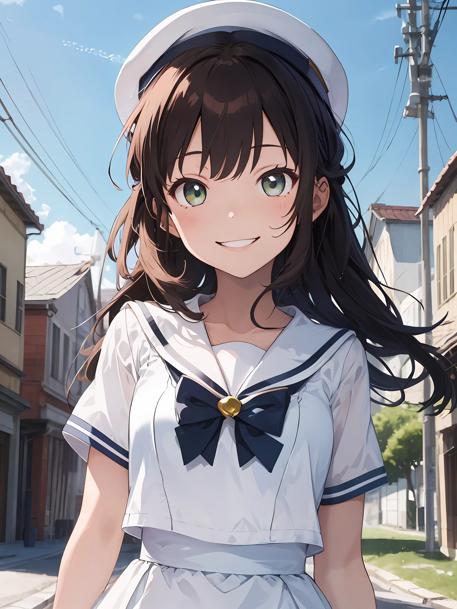 masterpiece, best quality, 1girl, solo, mizunashi_akari,sailor collar, white_dress,hat,smile face,