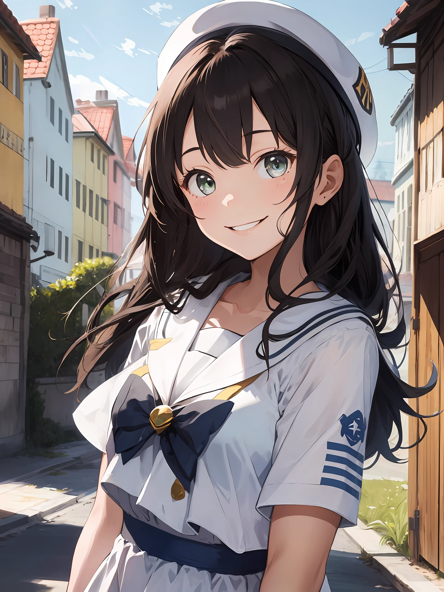masterpiece, best quality, 1girl, solo, mizunashi_akari,sailor collar, white_dress,hat,smile face,
