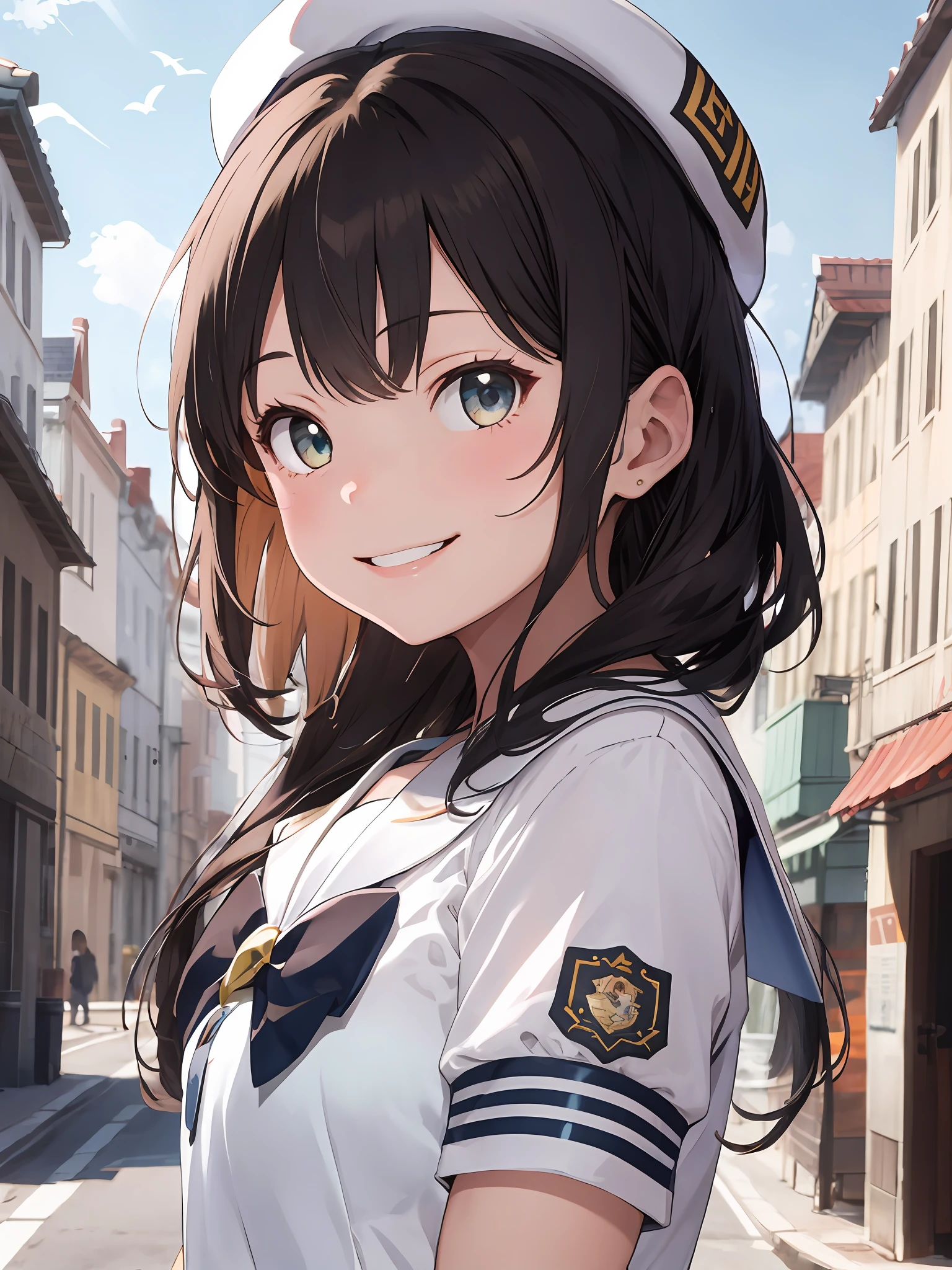 masterpiece, best quality, 1girl, solo, mizunashi_akari,sailor collar, white_dress,hat,smile face,