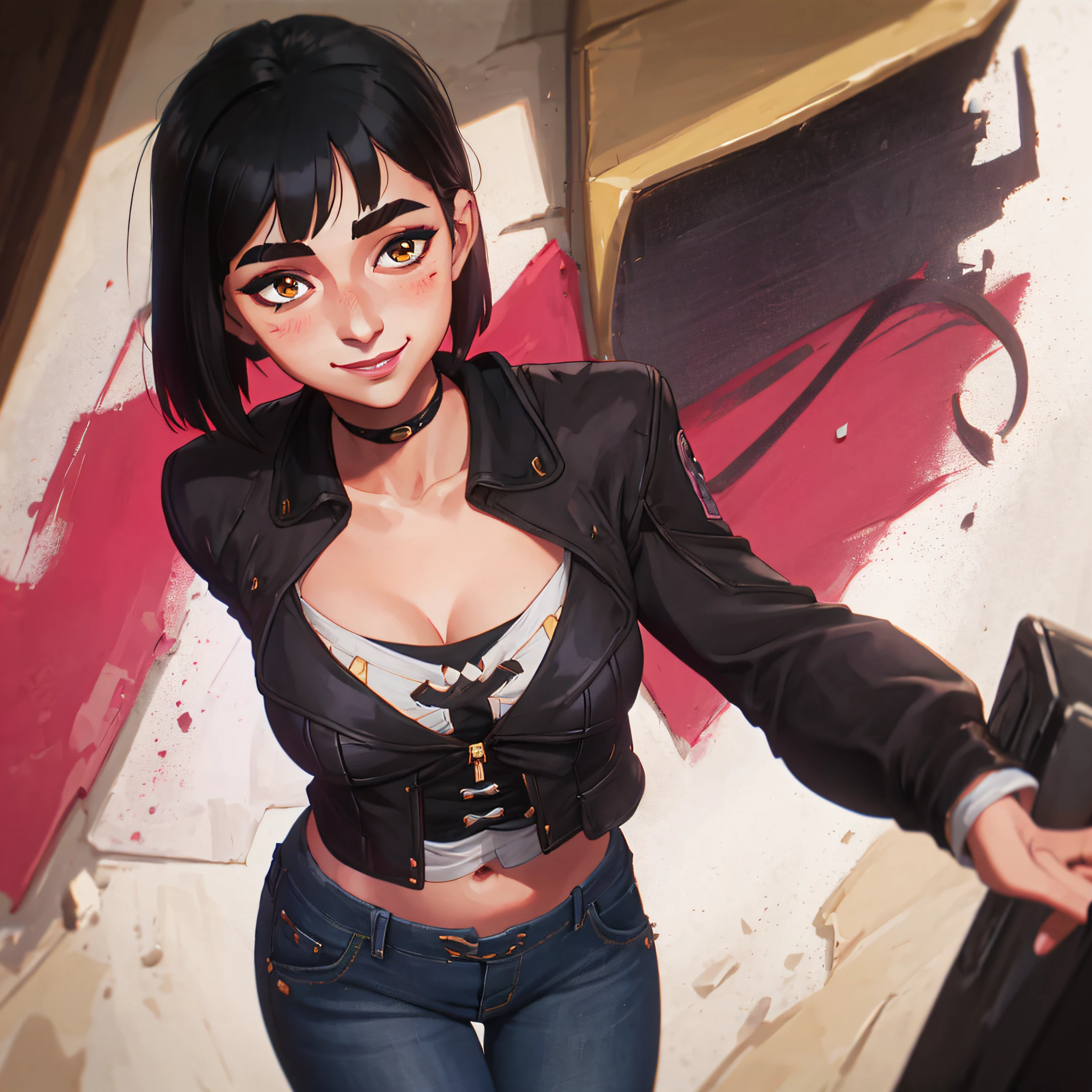 Original Character, Volumetric Lighting, Rim Lighting, Centered portrait, Best Shadows, Shallow Depth of Field, Portrait Of Stunningly Beautiful Girl, Beautiful, Delicate Beautiful Attractive Face With Alluring brown Eyes, Messy Painted Face, Sharp Eyebrows, smiling, Lovely Medium Breasts, bob cut black hair, Blush Eyeshadow, Thick Eyelashes, Biker Jacket, Chest binder, Slim Waist, Denim Jeans Pants, Standing, (Highest Quality, Amazing Details:1.25), (Solo:1.3), Brilliant Colorful Paintings
