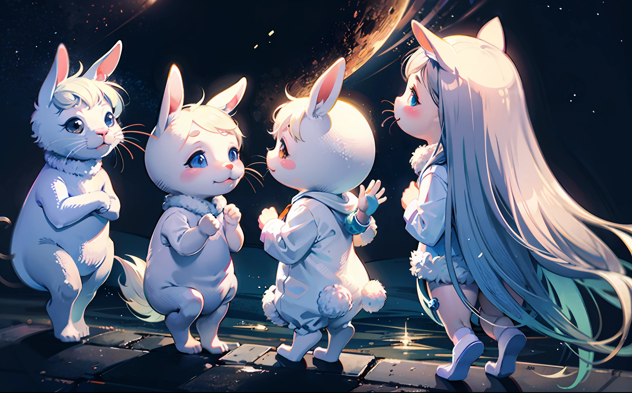 Three little white rabbits walking on the moon