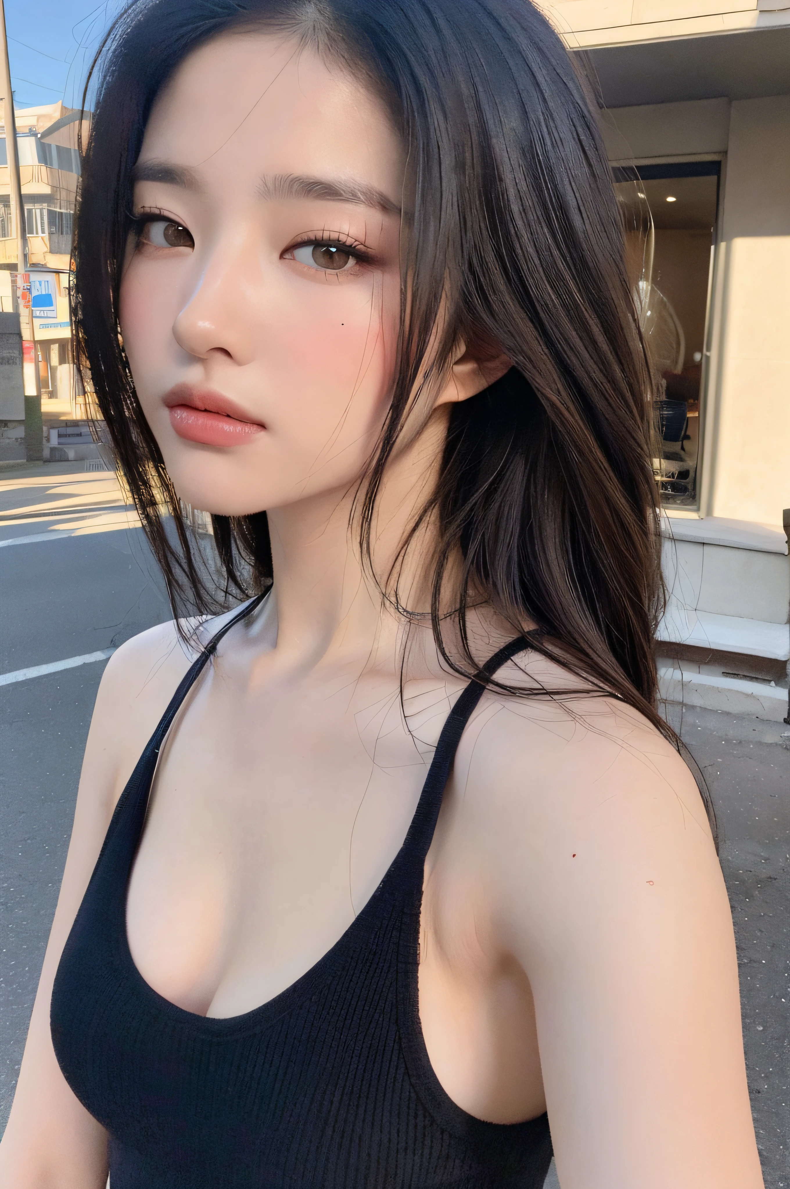 ((Best quality, 8k, Masterpiece :1.3)), Sharp focus: 1.2, Perfect Body Beauty: 1.4, Slim Abs: 1.2, ((Layered hairstyle: 1.2)), (Tank top shirt:1.1), (Street: 1.2), Highly detailed face and skin texture, Fine eyes, Double eyelids