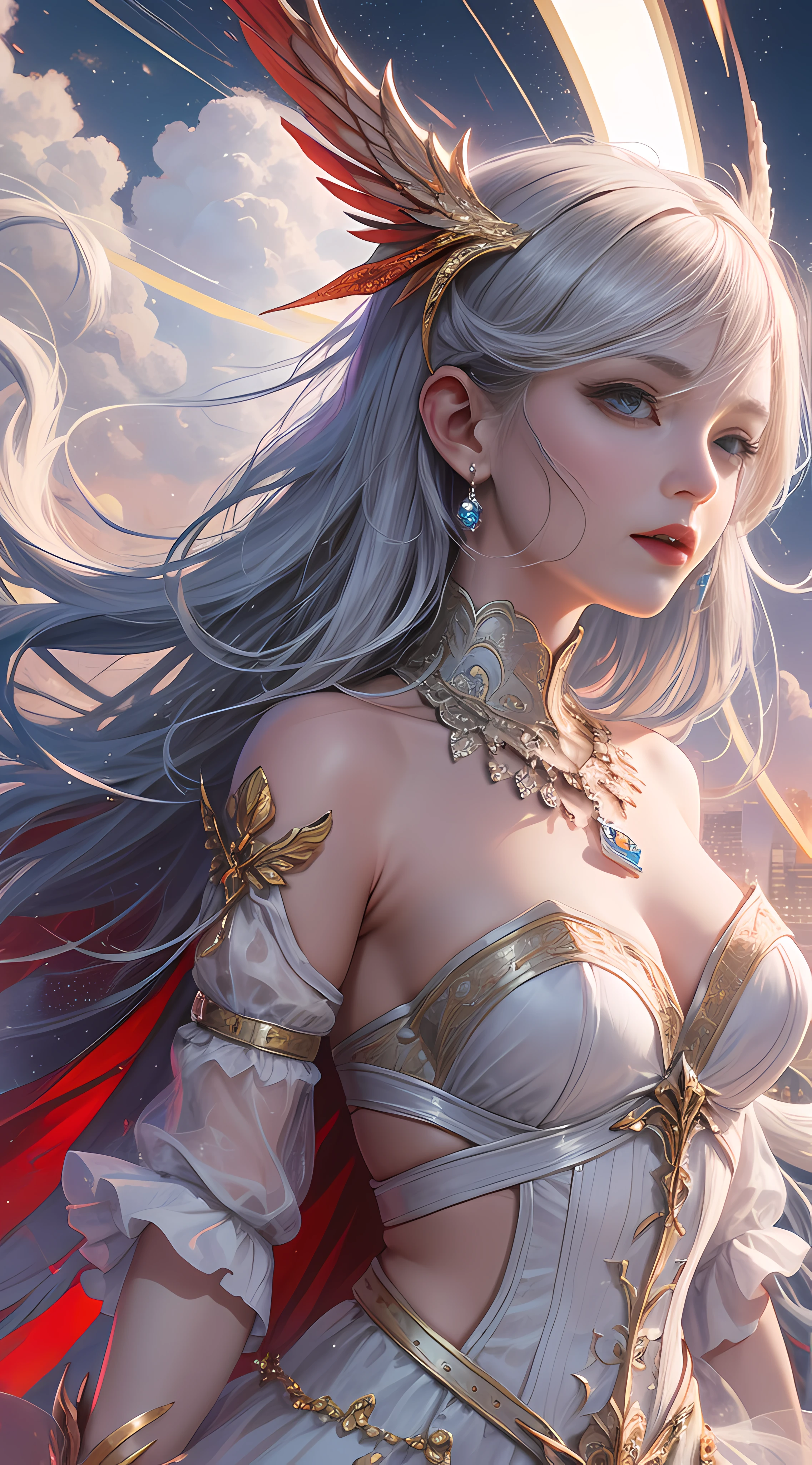 Ultra high quality,8K,Girls do not show their breasts,Do not show your chest,High cold wind,red lip,The head proportions are perfect,silverlong hair,Princess dress red and white color scheme,Swan neck,and the sun is shining,necklace of diamonds,Get it all together,The color of the clothing is bright, High saturation,High detail depiction,Crane