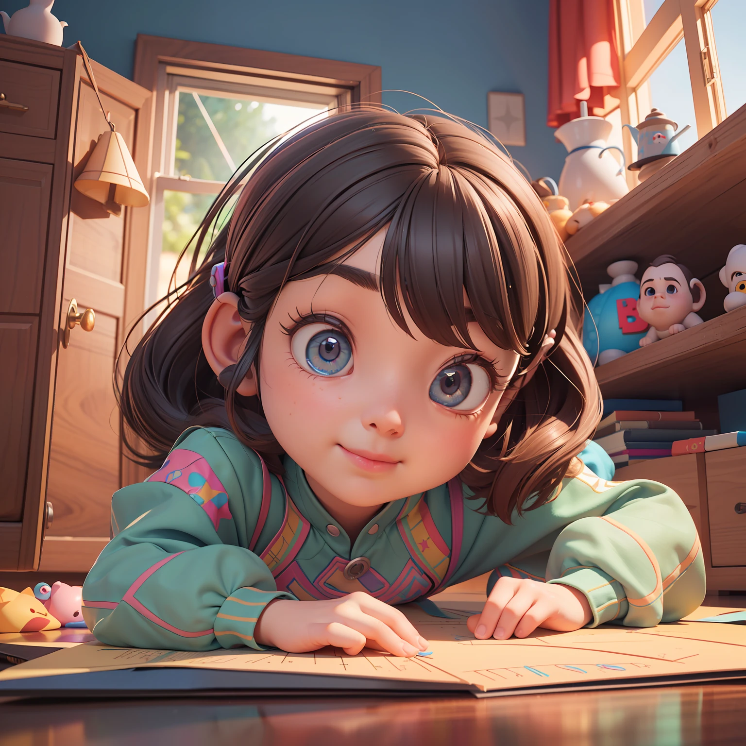 (a cute  girl solves a complicated math problem), 1girl, (Masterpiece, Best Quality, High Details), (HDR, high dynamic range), octane render, subsurface scattering, radiant light rays, realistic shadows, vibrant colors, (disney, pixar), blender, 3D, 3DMM