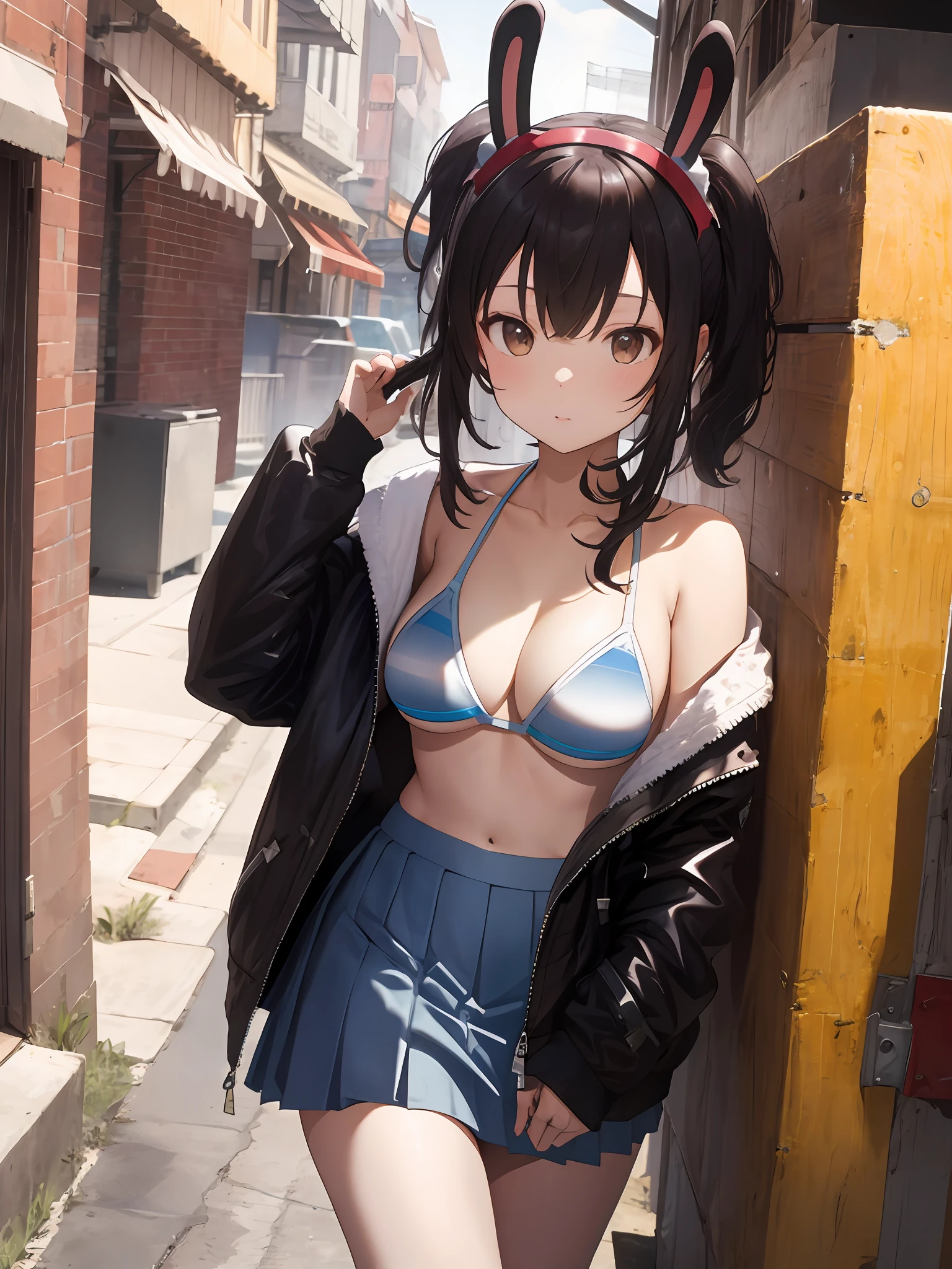 masterpiece, best quality, retrofit, fake animal ears, bikini, skirt, jacket,