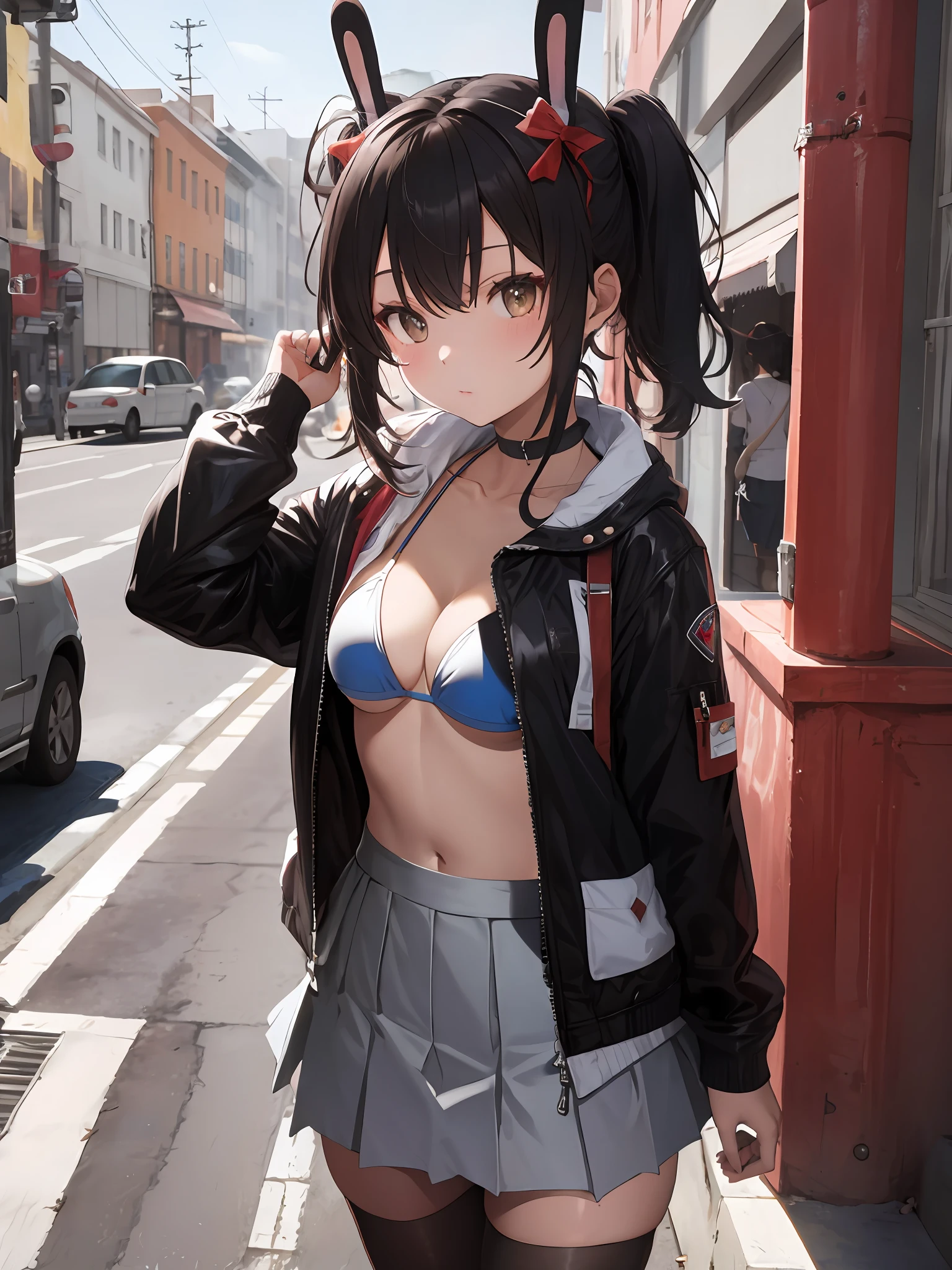 masterpiece, best quality, retrofit, fake animal ears, bikini, skirt, jacket,
