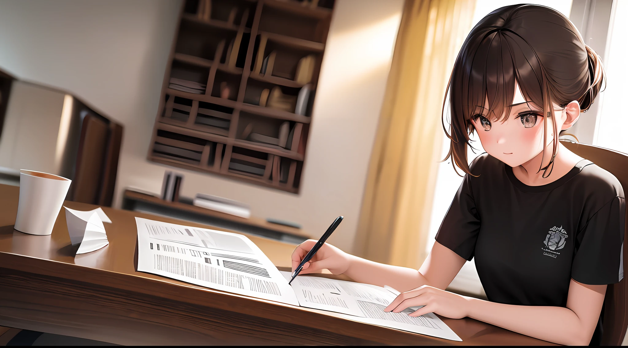 masterpiece, best quality, high resolution, one girl, loose t-shirt, girl sitting on chair studying drafting at desk, horizontal angle, studying, paperwork, brown hair, good luck studying, drafting, ponytail