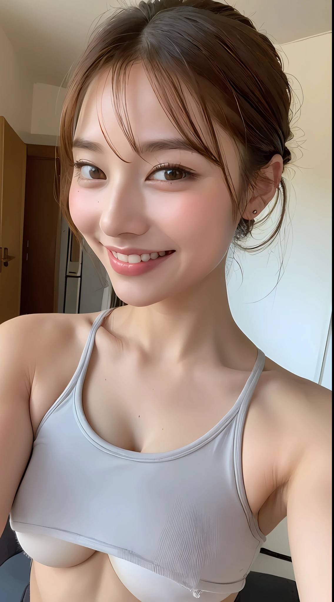 ((beste-Quality、8K、A masterpice:1.3))、1girl in、Beauty of slim abs:1.3、(Casual Hairstyles、HugeBoobs:1.2)、Underwear 1.1、an ultra-Small Face、Detailed eye、双眼皮、a smile、Home、focus