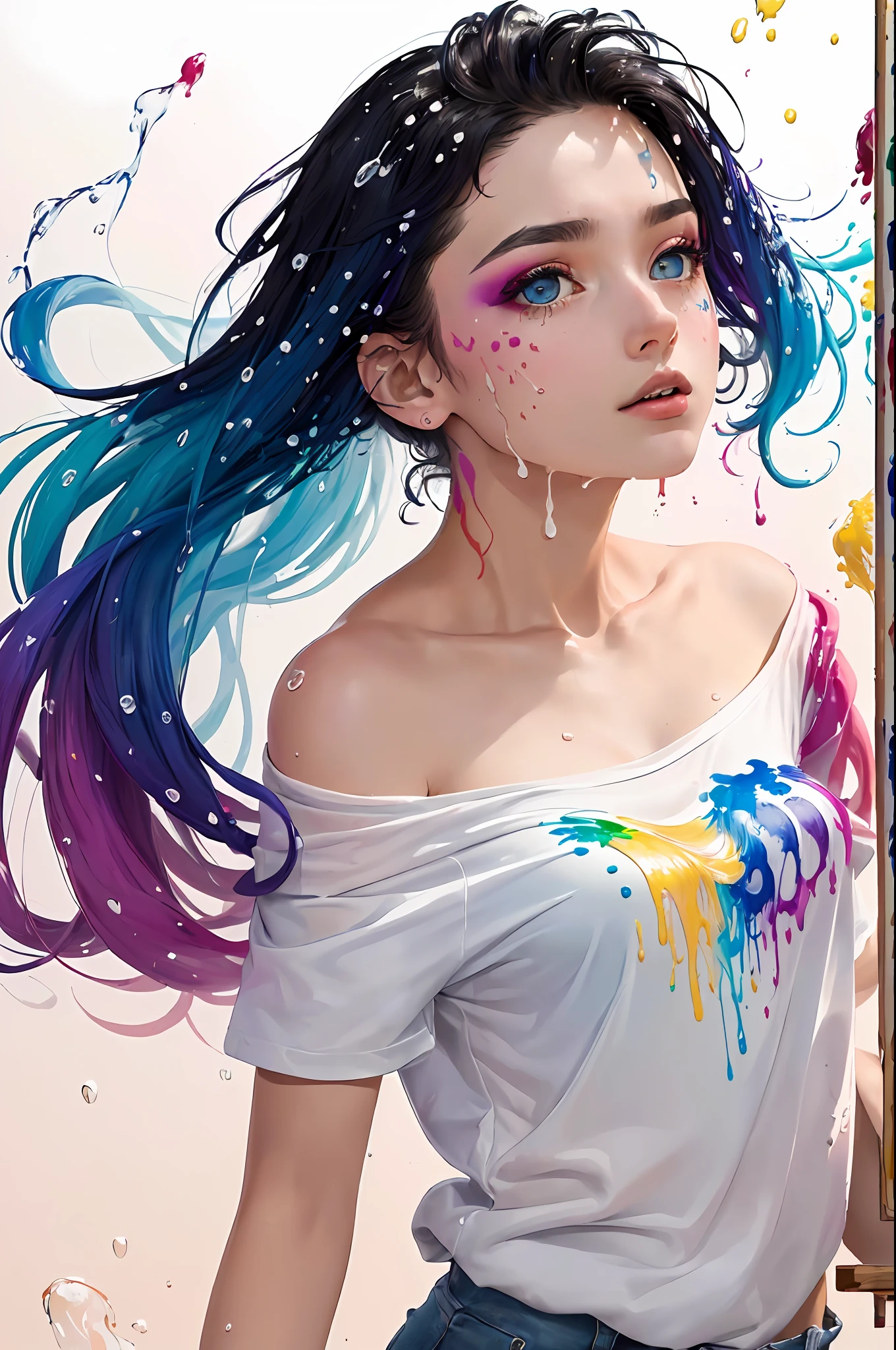（Pink Fashion T-shirt：1.9），(Colorful hair: 1.8), (all the colours of the rainbow: 1.8),(((((vertical painting：1.6))), （painting：1.6），front, comics, illustrations, paintings, large eyes, crystal clear eyes,（ rainbow color gradient high ponytail：1.7）, exquisite makeup, closed mouth,(Small Fresh: 1.5),(Wipe Chest: 1.6) ，long eyelashes, white off shoulder T-shirt,  White Shoulder Shirt，looking at the audience, large watery eyes, (rainbow colored hair：1.6), color splash, （solo：1.8）, color splash, color explosion, thick paint style, messy lines, ((shining))，(colorful), (colorful), (colorful), colorful, Thick Paint Style, (Splash) (Color Splash), Vertical Painting, Upper Body, Paint Splash, Acrylic Pigment, Gradient, Paint, Highest Image Quality, Highest Quality, Masterpiece, Solo, Depth of Field, Face Paint,  colorful clothes, (Elegant: 1.2), gorgeous,long hair, wind, (Elegant: 1.3), (Petals: 1.4)，(((masterpiece))),(((best quality))),((ultra-detailed)),(illustration),(dynamic angle),((floating)),(paint),((disheveled hair)),(solo),(1girl) , (((detailed anima face))),((beautiful detailed face)),collar,bare shoulders,white hair, ((colorful hair)),((streaked hair)),beautiful detailed eyes,(Gradient color eyes),(((colorful eyes))),(((colorful background))),(((high saturation))),(((surrounded by colorful splashes))),