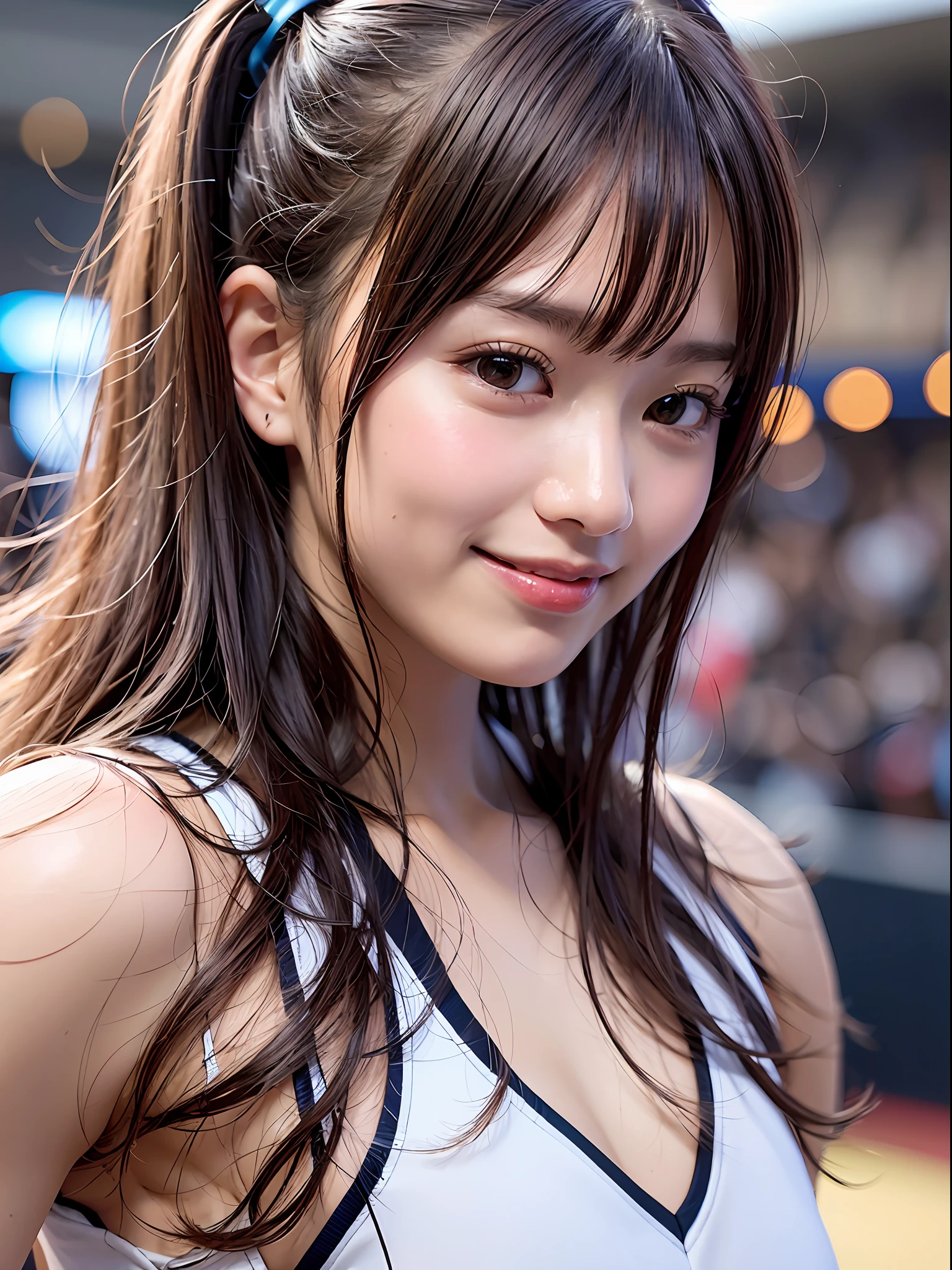 Ala Fed Asian cheerleader holding pom pom in stadium, closeup, closeup, cosplay photo, anime cosplay, small breasts, RAW photo, best quality, high resolution, (masterpiece), (photorealistic:1.4), professional photography, sharp focus, HDR, 8K resolution, intricate details, depth of field, highly detailed cg unity 8k wallpaper, Front Light, NSFW, Woman, Girl, Beautiful Supermodel, Smiling, Slender, (Sweating all over: 1.3),