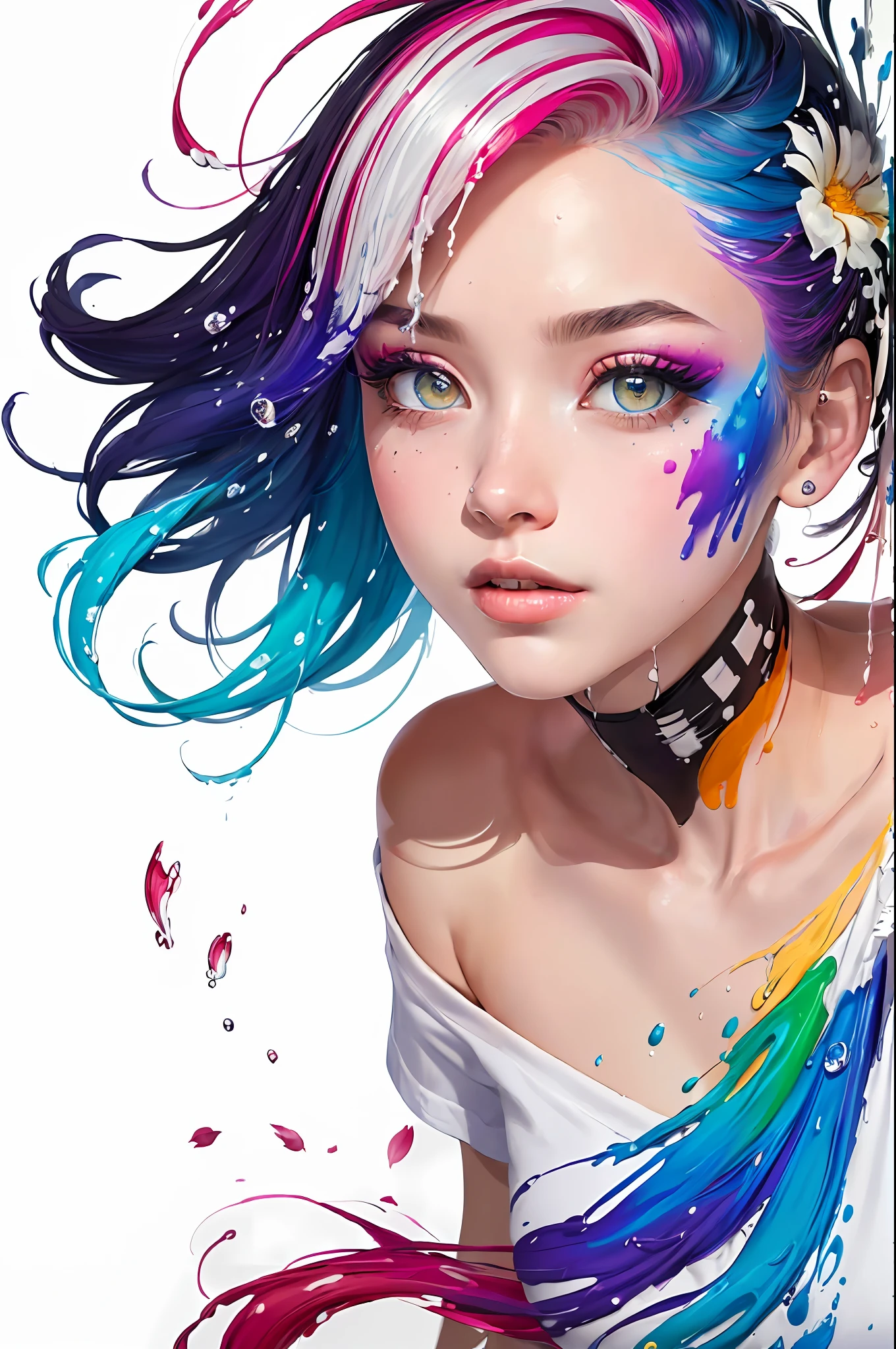 （Pink Fashion T-shirt：1.9），(Colorful hair: 1.8), (all the colours of the rainbow: 1.8),(((((vertical painting：1.6))), （painting：1.6），front, comics, illustrations, paintings, large eyes, crystal clear eyes,（ rainbow color gradient high ponytail：1.7）, exquisite makeup, closed mouth,(Small Fresh: 1.5),(Wipe Chest: 1.6) ，long eyelashes, white off shoulder T-shirt,  White Shoulder Shirt，looking at the audience, large watery eyes, (rainbow colored hair：1.6), color splash, （solo：1.8）, color splash, color explosion, thick paint style, messy lines, ((shining))，(colorful), (colorful), (colorful), colorful, Thick Paint Style, (Splash) (Color Splash), Vertical Painting, Upper Body, Paint Splash, Acrylic Pigment, Gradient, Paint, Highest Image Quality, Highest Quality, Masterpiece, Solo, Depth of Field, Face Paint,  colorful clothes, (Elegant: 1.2), gorgeous,long hair, wind, (Elegant: 1.3), (Petals: 1.4)，(((masterpiece))),(((best quality))),((ultra-detailed)),(illustration),(dynamic angle),((floating)),(paint),((disheveled hair)),(solo),(1girl) , (((detailed anima face))),((beautiful detailed face)),collar,bare shoulders,white hair, ((colorful hair)),((streaked hair)),beautiful detailed eyes,(Gradient color eyes),(((colorful eyes))),(((colorful background))),(((high saturation))),(((surrounded by colorful splashes))),