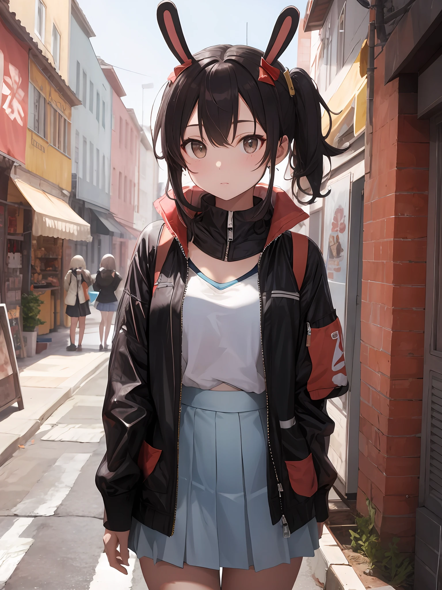 masterpiece, best quality, retrofit, fake animal ears, bikini, skirt, jacket,