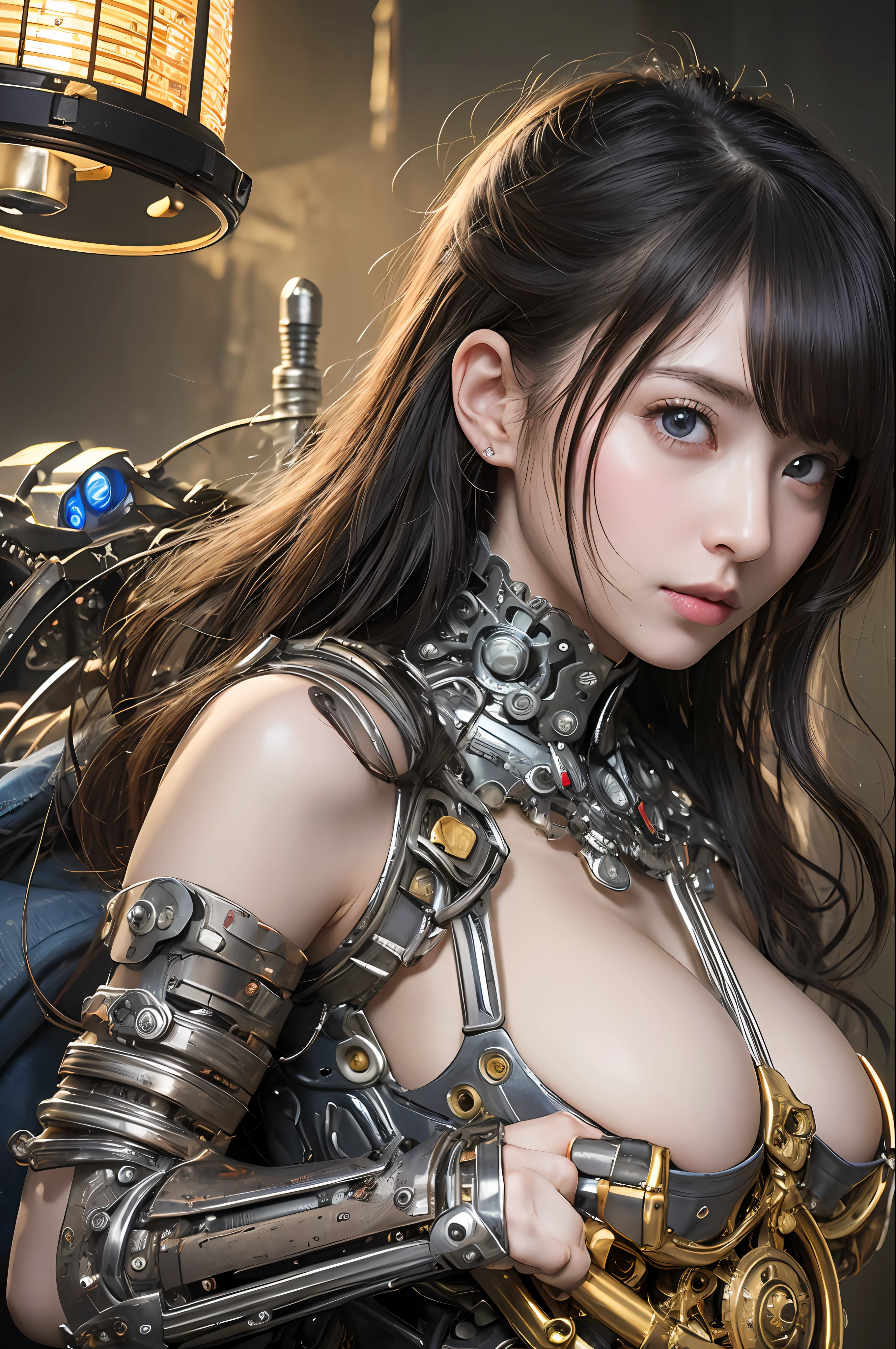 beste-Quality、A masterpice、ultra-high-resolution、(pphotorealistic:1.4)、Raw photo、1人、Black hair、glowy skin、1 Mechanical Girl、((hyper-realistic details))、portlate、Global Illumination、Shadow、Rendu octane、8K、ultrasharp、large tits、Raw skin is exposed in cleavage、metals、Details of complex ornaments、Steampunk details、Analog Meter、cog、gear、Golden hydraulic cylinder、high intricate details、Realistic light、CGSoation Trends、purple colored eyes、glowing eye、Facing the camera、neon details、Mechanical limbs、blood vessels connected to tubes、Mechanical vertebrae attached to the back、mechanical cervical attaching to neck、sitting on、Wires and cables connecting to the head、Gundam、Small LED lamp、