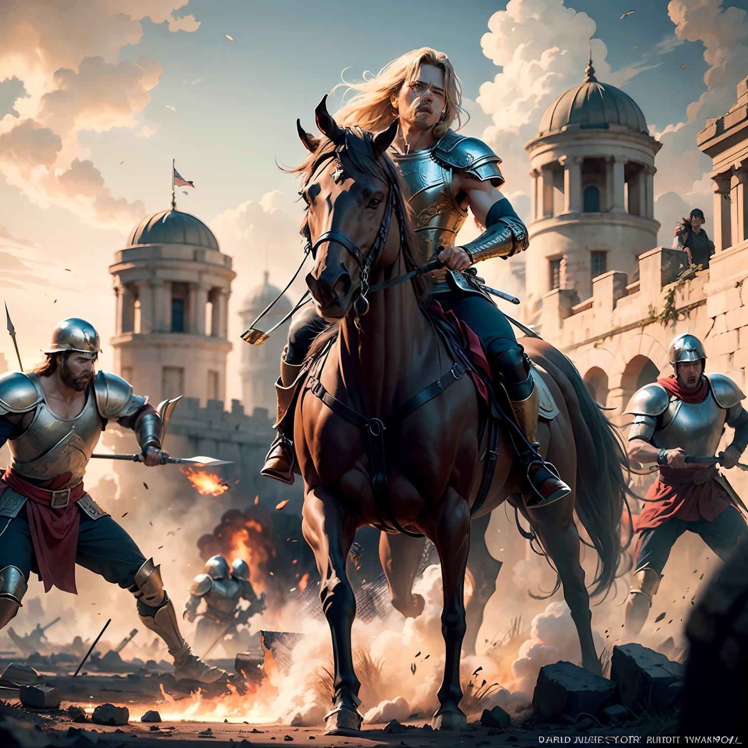 a battlefield scene,battle of troy,epic scene,high detailed,intricate,achilleus as brad pitt,high detailed face,wonderful images,a scene from the fim ''Troy'' ,attacks over ten warrior of troy,fearful warriors,before the troy fortress,