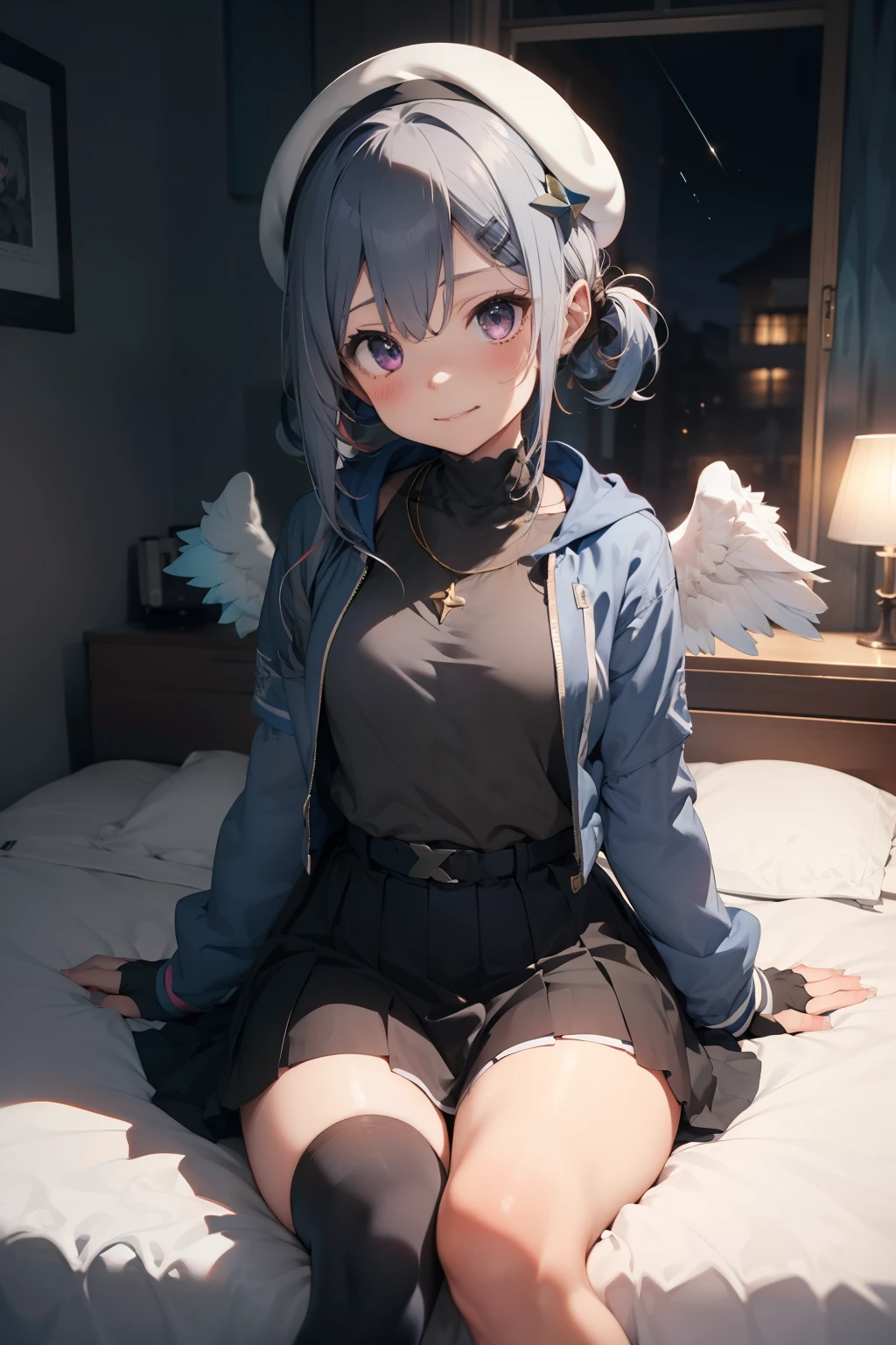 beretkanatan, 1girl, solo, multicolored hair, partially fingerless black gloves, grey hair, mini wings, angel wings, blue hair, white jacket, white beret, single hair intake, hair ornament, colored inner hair, single blue thighhigh, white sneakers, purple eyes, hairclip, single sock, thigh strap, long hair, hair rings, asymmetrical legwear, single black kneehigh, streaked hair, long sleeves, closed mouth, twintails, open jacket, star necklace, necklace,pleated skirt, asymmetrical bangs, uneven legwear, puffy long sleeves, smile, black dress, blue skirt, hooded jacket, blue belt, frills, thigh pouch, (on bed:1.3),