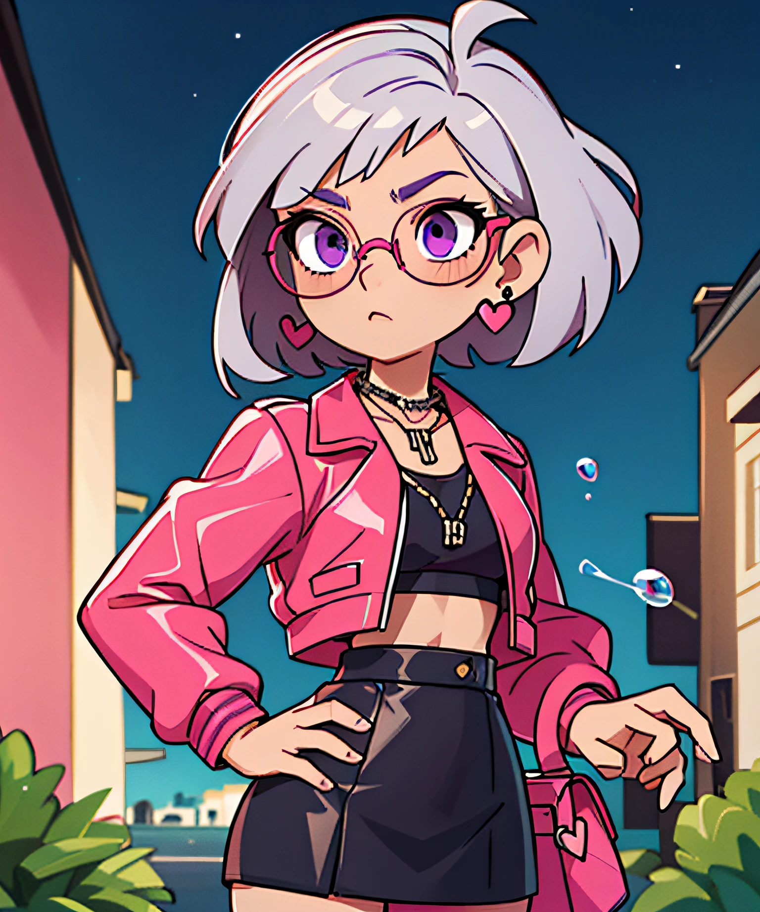 masterpiece, best quality, 1girl,solo, silver hair, short bob hair, glasses, purple eyes,narrow waist, heart earrings,cropped leather jacket, center opening, microskirt, alley, night, sport bra, handbag, chain necklace,hand on hip, blowing bubble gum, pink bubble gum