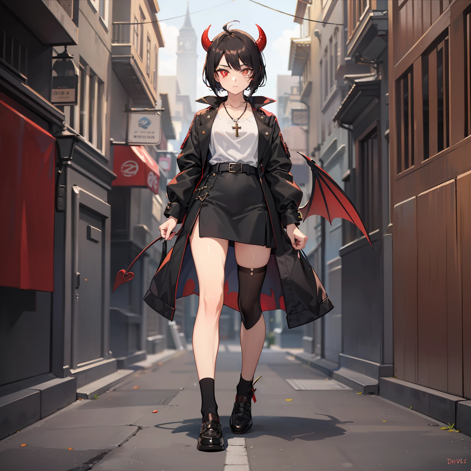 female demigod, Petite body, black middle length hair, devil pupils, eye glass, White shirt, Cross necklace, brown monk shoes, shaded face, Villain, anime figure