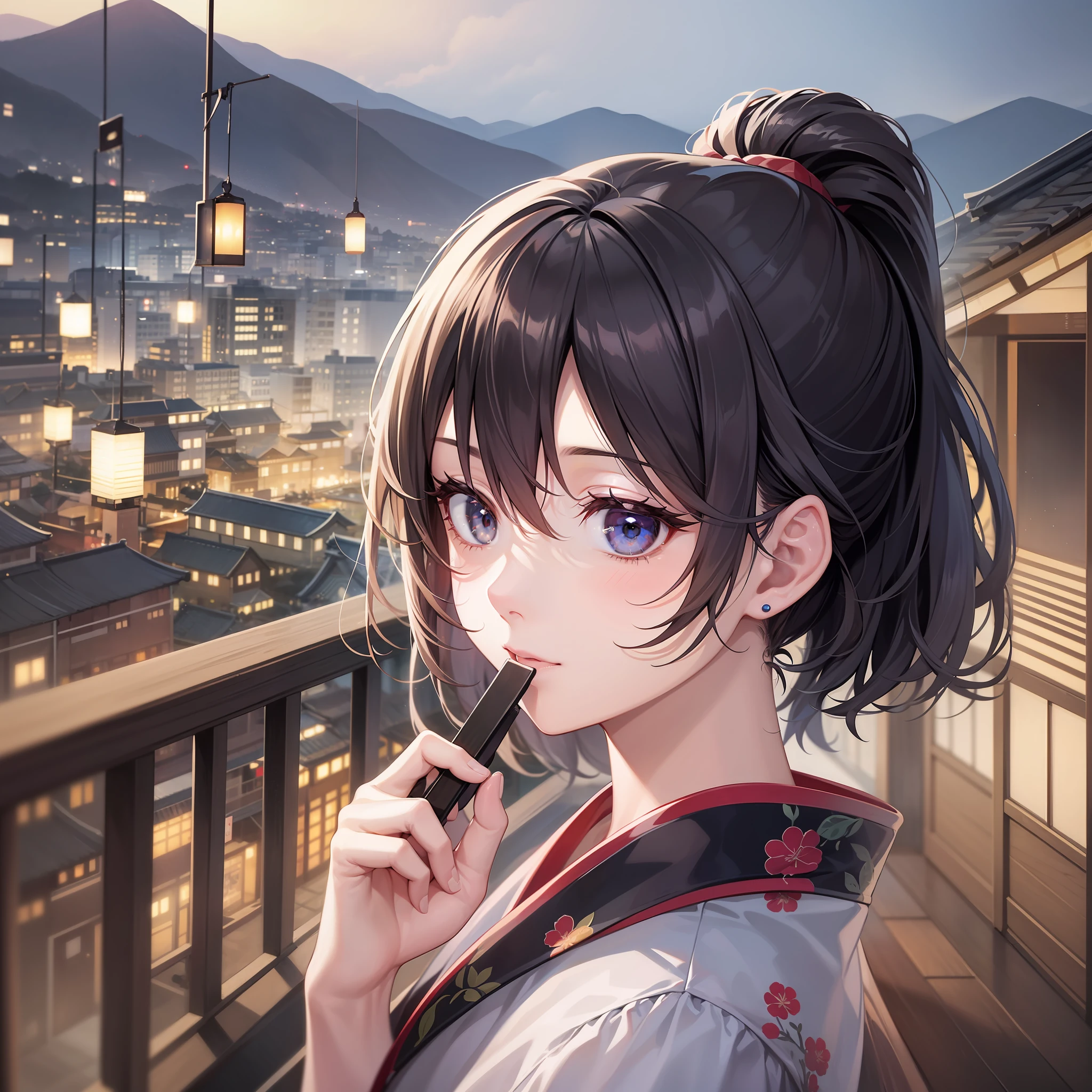 Girl 1 person、beste-Quality、pphotorealistic: 1.37、ultra-high-resolution、A masterpice、plein-air、Detailed eye、Nice eye makeup、authentic skin、flawless anatomy、short-hair、(pureerosface_v1:0.8)、detailed faces、komono、fair、kyoto、festival、A fan of someone、Black hair ponytail、by night、