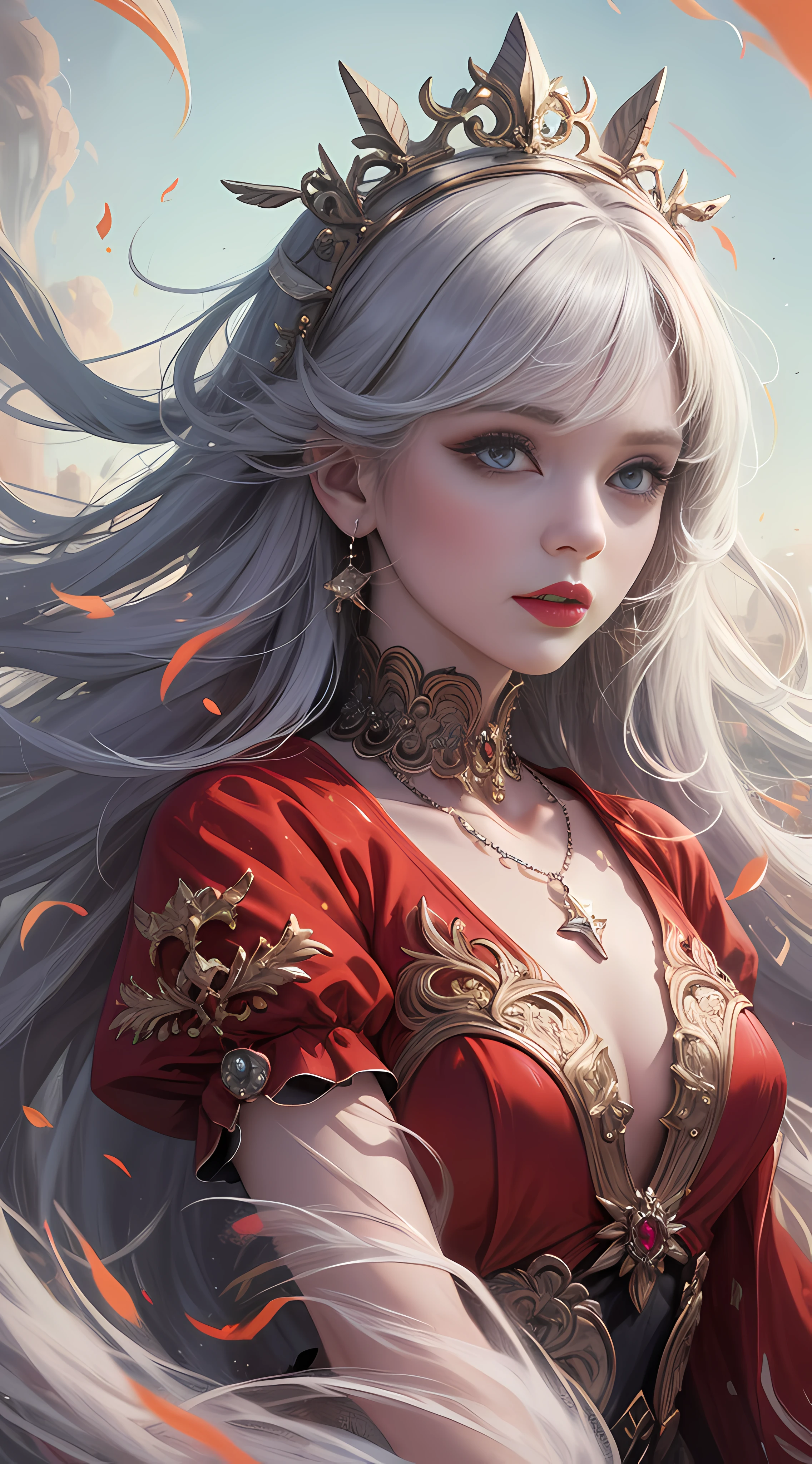 Ultra high quality,8K,Girls do not show their breasts,Do not show your chest,High cold wind,red lip,The head proportions are perfect,silverlong hair,Princess dress red and white color scheme,Swan neck,and the sun is shining,necklace of diamonds,Get it all together,The color of the clothing is bright, High saturation,High detail depiction,feather hair