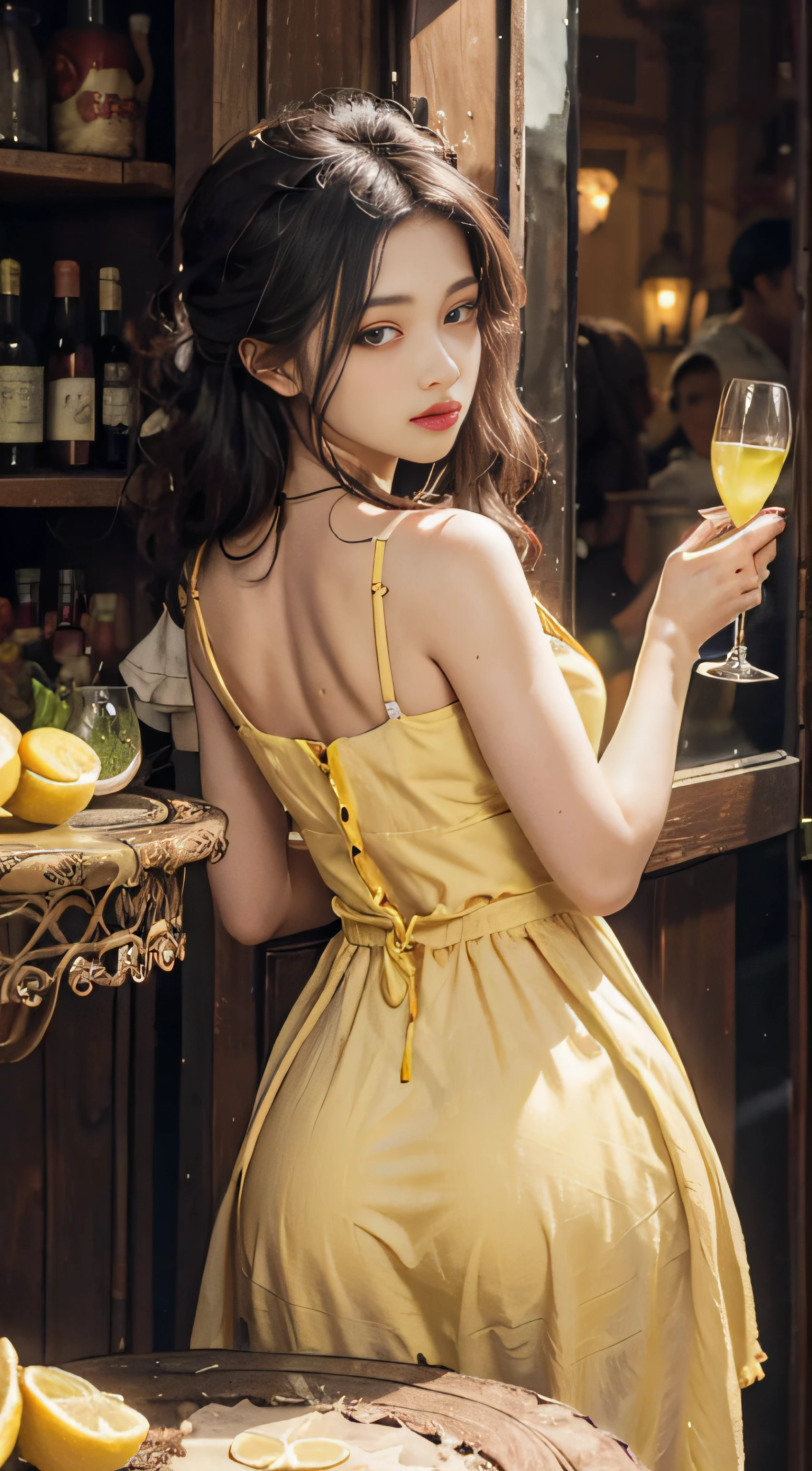 Back door dress,French dress,Lemon juice in hand,Lemons on the table