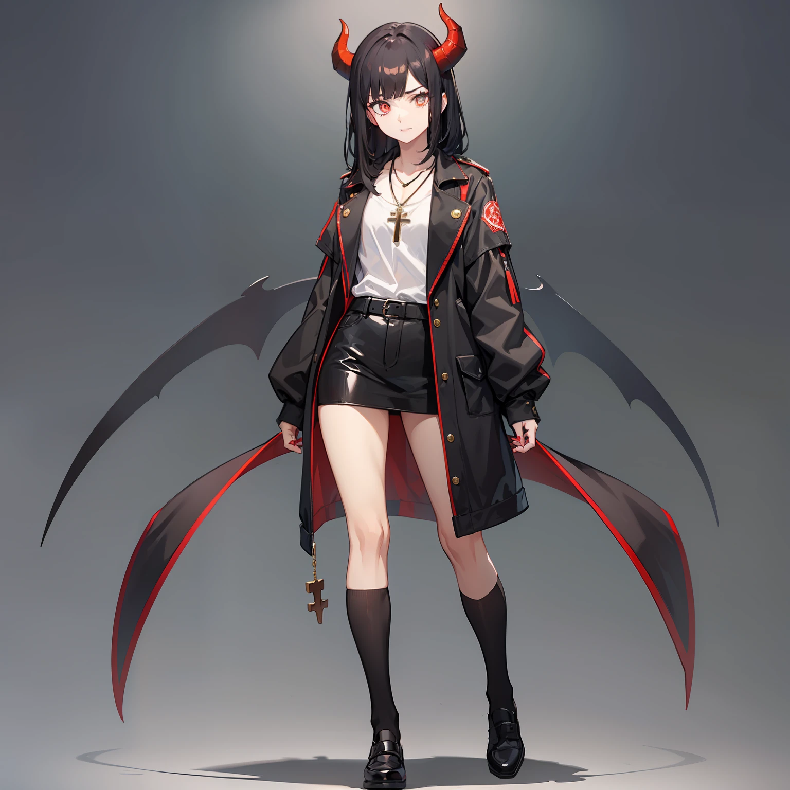 female demigod, Petite body, black middle length hair, devil pupils, eye glass, White shirt, Cross necklace, brown monk shoes, shaded face, Villain, anime figure