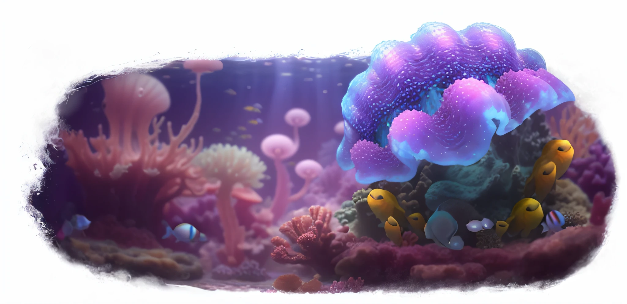 An underwater world of fantasy，purple hues，reef，Floating jellyfish，Surprise screen