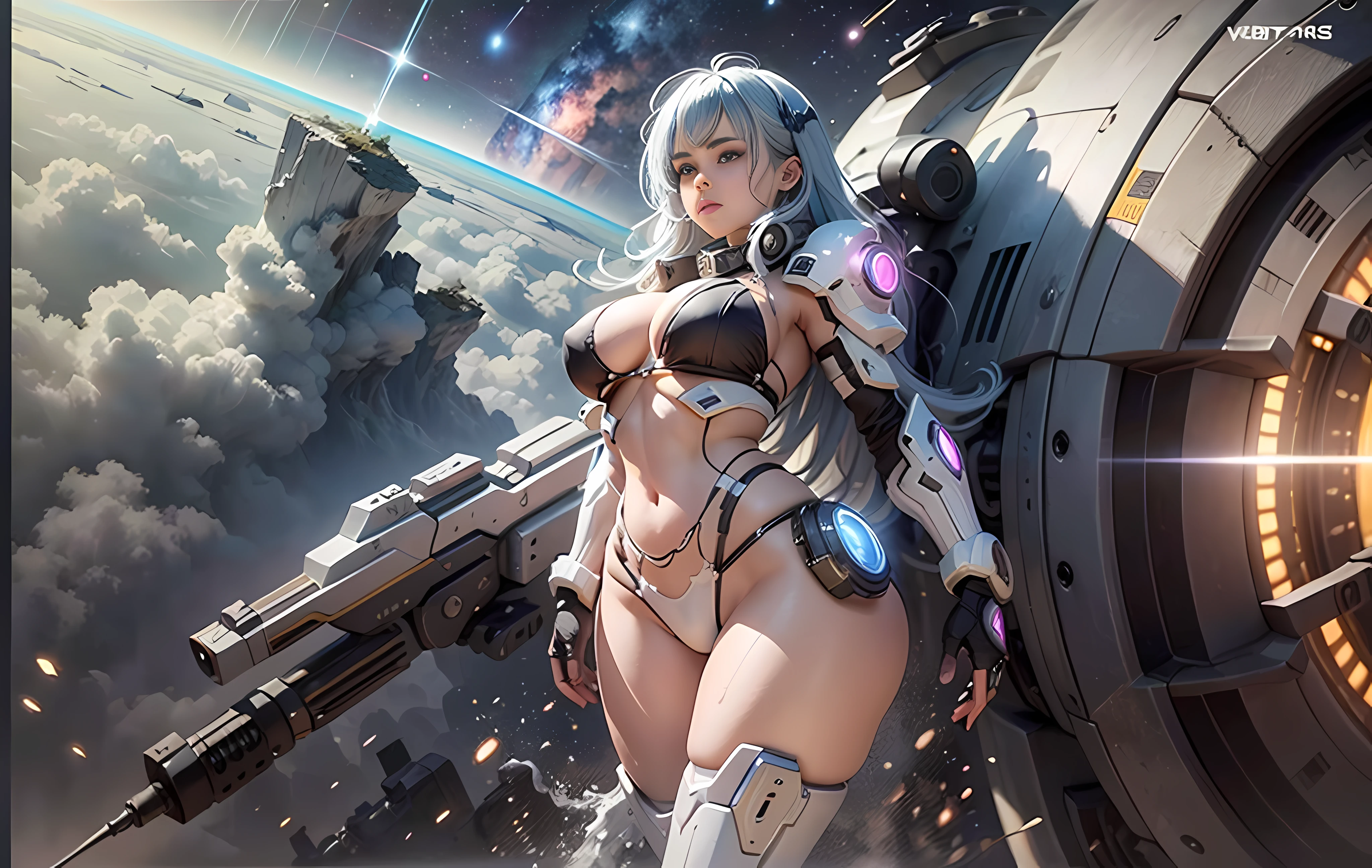 （（optimal quality））， （（masterpaintings））， （Heavily detailed：1.3）， 3D， beatifull， （cyperpunk：1.6）， In space， Starcloud， （holding_weapon：1.3）， laser， （1Female mecha：1.3）， voluptuous body， face to looking at viewer， gloweyes， Whole human body， （flight， swoop， dyna， motion-blur： 1.4）， （Huge mech wings： 1.6）， looks up， glowing_eyes， mechs， the panorama， The background is the Earth， Starcloud， space， Particle， realisic， HDR （HighDynamicRange）， raytrace， NVIDIA RTX， Hyper res， Unreal 5， sub-surface Scattering， PBR textures， Post-processing， Anisotropy Filtering， depth of ﬁeld， maximum definition and sharpness， multi-layer texture， Albedo e mapas Speculares， Surface Coloring， Accurate simulation of light-material interactions， perfectly proportioned， octane rend， duotone lighting， Large aperture， Low ISO， White balance， trichotomy， 8K RAW， efficient subpixel， Sub-pixel volume products，  （optimal quality），（Japanese：0.5），（Korean：0.8），（Liu Yifei：1.5）length hair，（：1.2），（underboobs：1.5），（White transparent lace bikini：1.5）