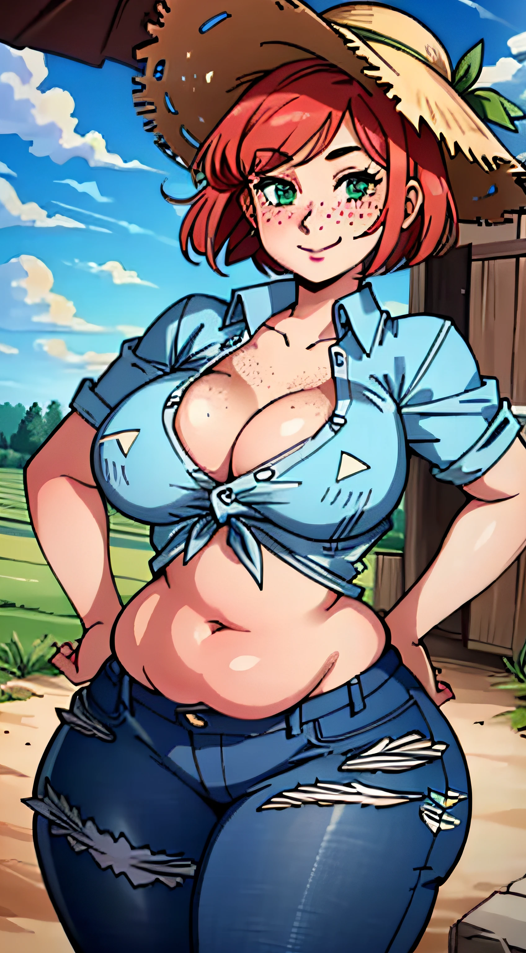 Masterpiece, high quality, best quality, beautiful, HD, perfect lighting, detailed face, ultra cute face, detailed body, ((1girl)), ((solo)), red hair, short hair, bob cut, bangs, freckles, green eyes, plaid button up shirt, jeans, leather boots, straw hat, looking at viewer, seductive smile, (blush), affectionate, flirting, medium breasts, cleavage, perky breasts, thicc, (pudgy), pudgy tummy, belly overhang, ((((wide hips)))), (((((thick thighs))))), ((tight jeans)), barn in the background, big open sky, farm land, daytime, sunny, farm girl, hand on hip,