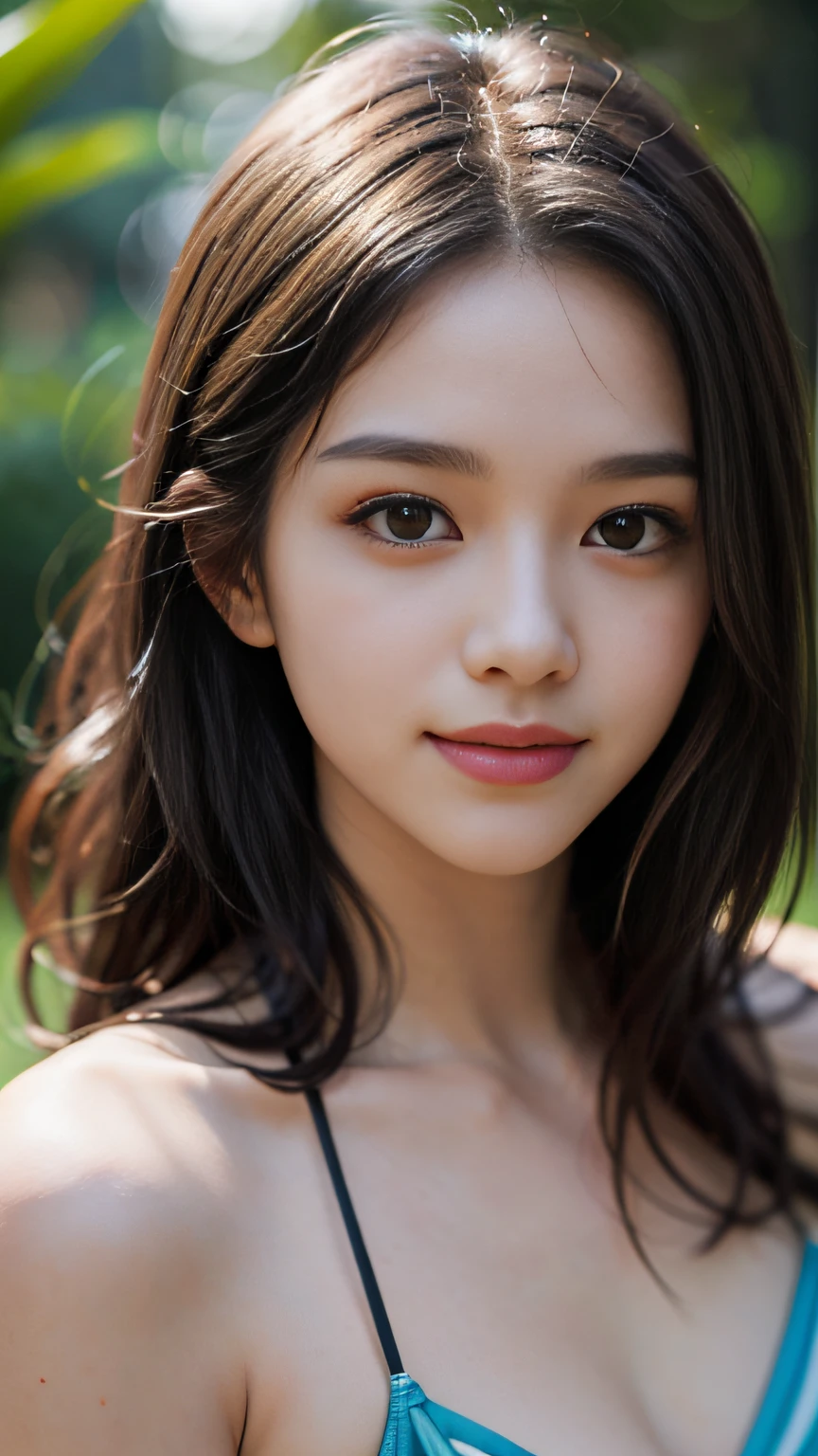 Film Portrait Photography、1girl in、Upper body body、bikinis、Wavy shoulder-length hair、calm、calm、(a smile)、(Realistic detailed eyes、natural skin textures、Realistic face details)、Soft dramatic lighting、depth of field、bokeh dof、vivid detail、small details、ultra hyperrealistic、35mm film、Blurring