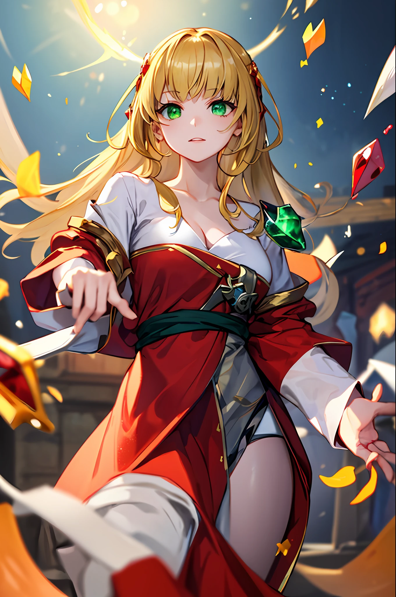 female sorcerer, casting green energy spell, green energy particles around her, he has a blonde hair and pale face, green eyes, long red robes