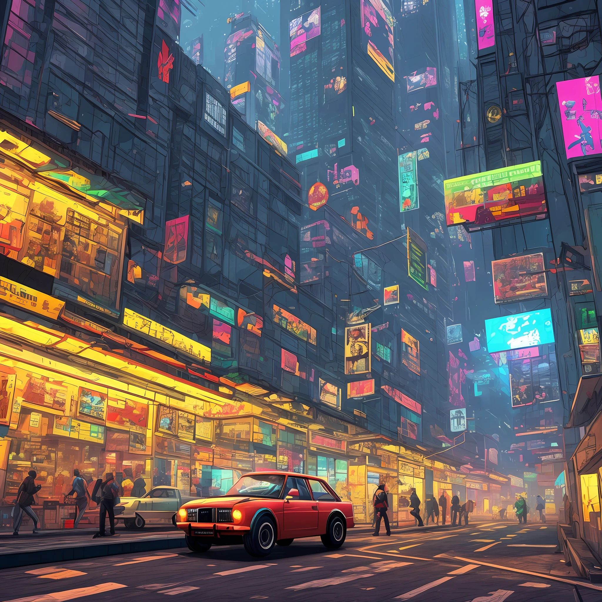 cyberpunk street, side view, 2D game style, pixel art style, cool vendors, roads and cars,