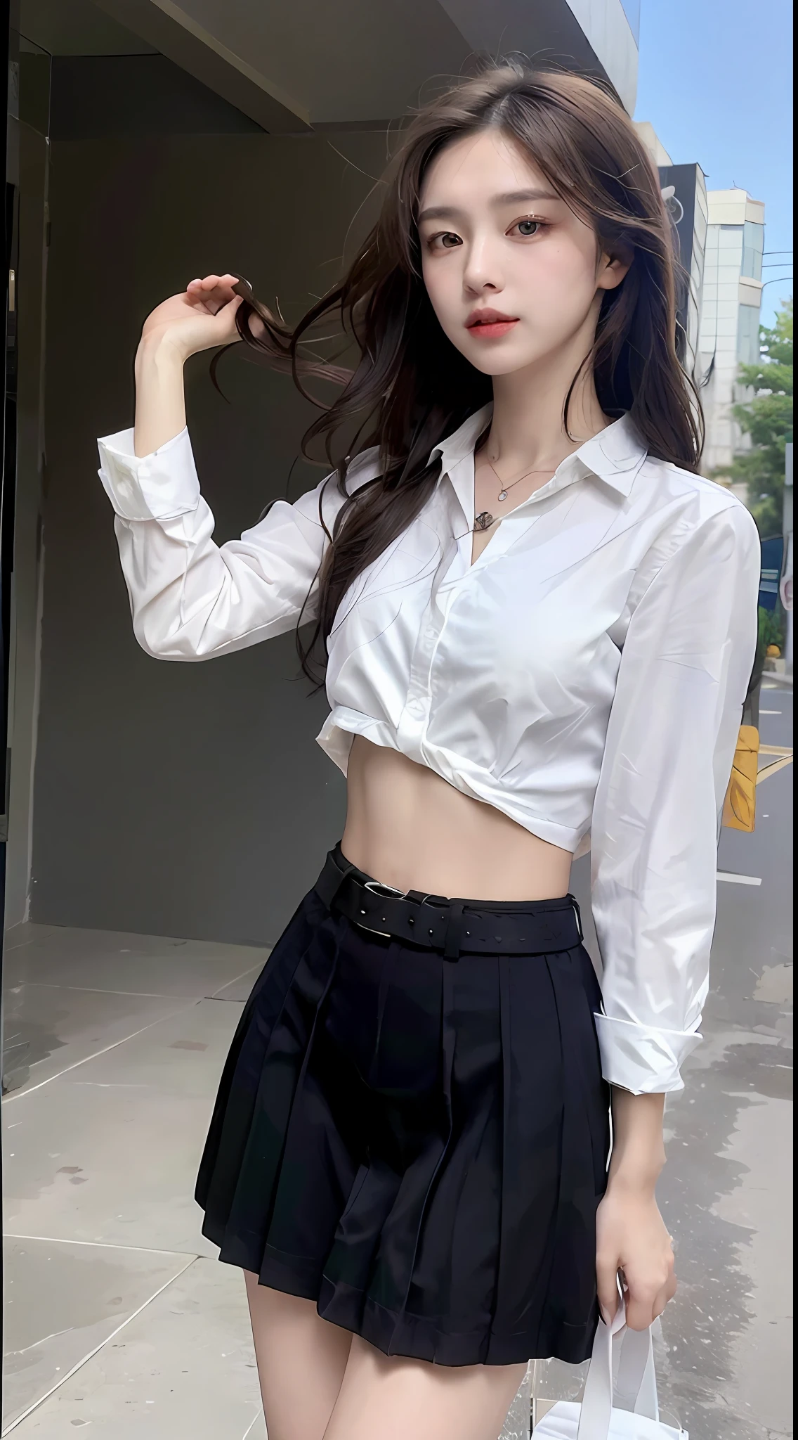 (Best quality, High resolution, Masterpiece :1.3), A tall and pretty woman, Slender abs, Dark brown hair styled in loose waves, Breasts, Wearing pendant, White button up shirt, Belt, Black skirt, (Modern architecture in background), Details exquisitely rendered in the face and skin texture, Detailed eyes, Double eyelid