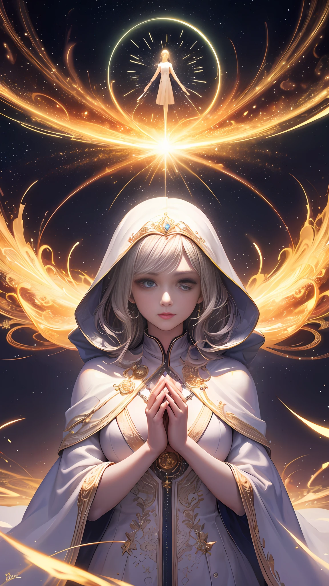 (masterpiece, top quality, best quality, official art, beautiful and aesthetic:1.2), (1girl), extreme detailed, (fractal art:1.3), colorful, highest detailed, perfect face, upper body, HDR, (praying:1.3), (white cloak golden lines:1.2), galaxy, (light streaks), striking visuals, (dynamic streaks, luminous trails:1.2), vibrant colors,