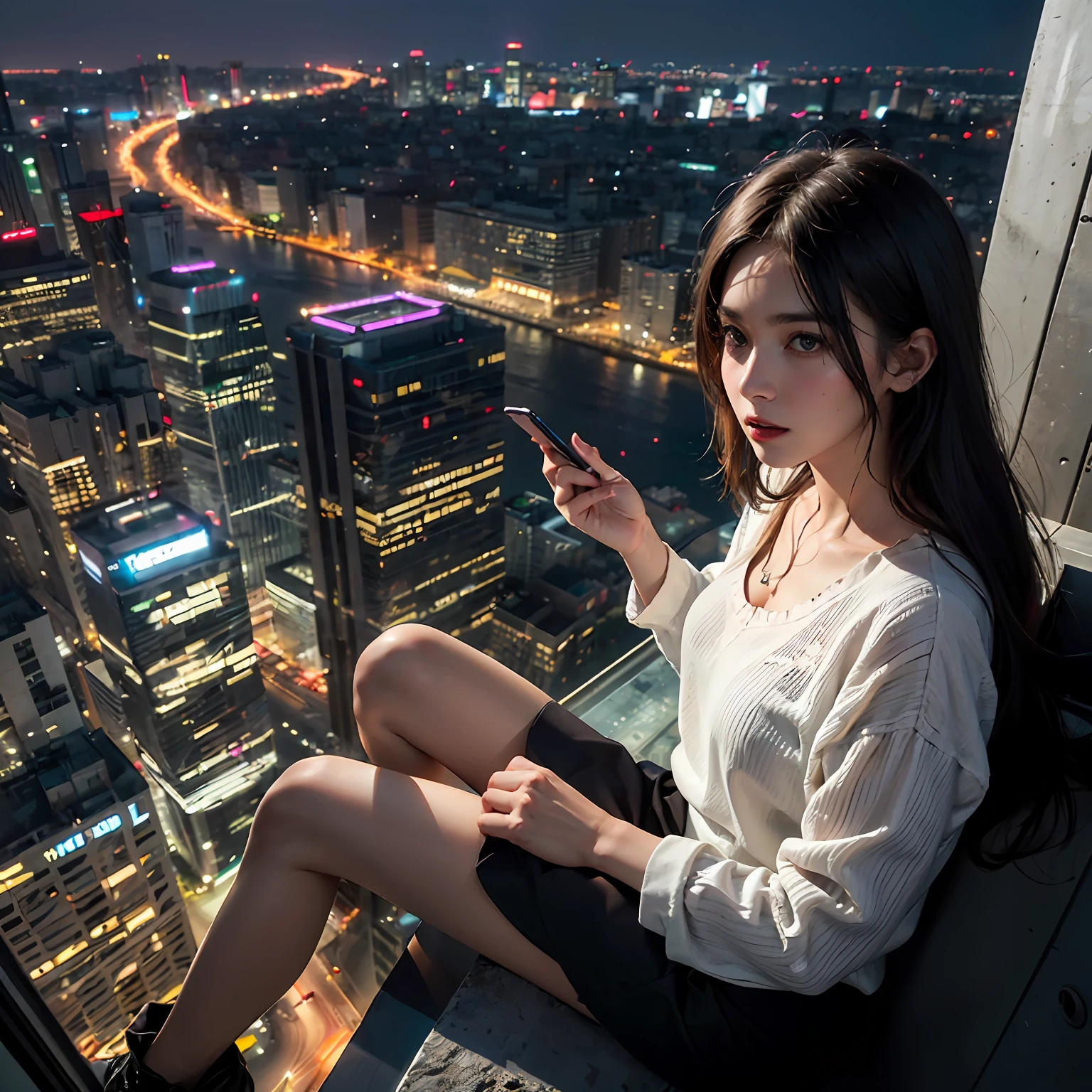 Woman sitting on a ledge, on top a skyscraper, city below, heights, acrophobia, fear of heights, scared expression, phone in hand, scared, terror, (natural skin texture, hyperrealism, soft light, sharp), evening time, lit city