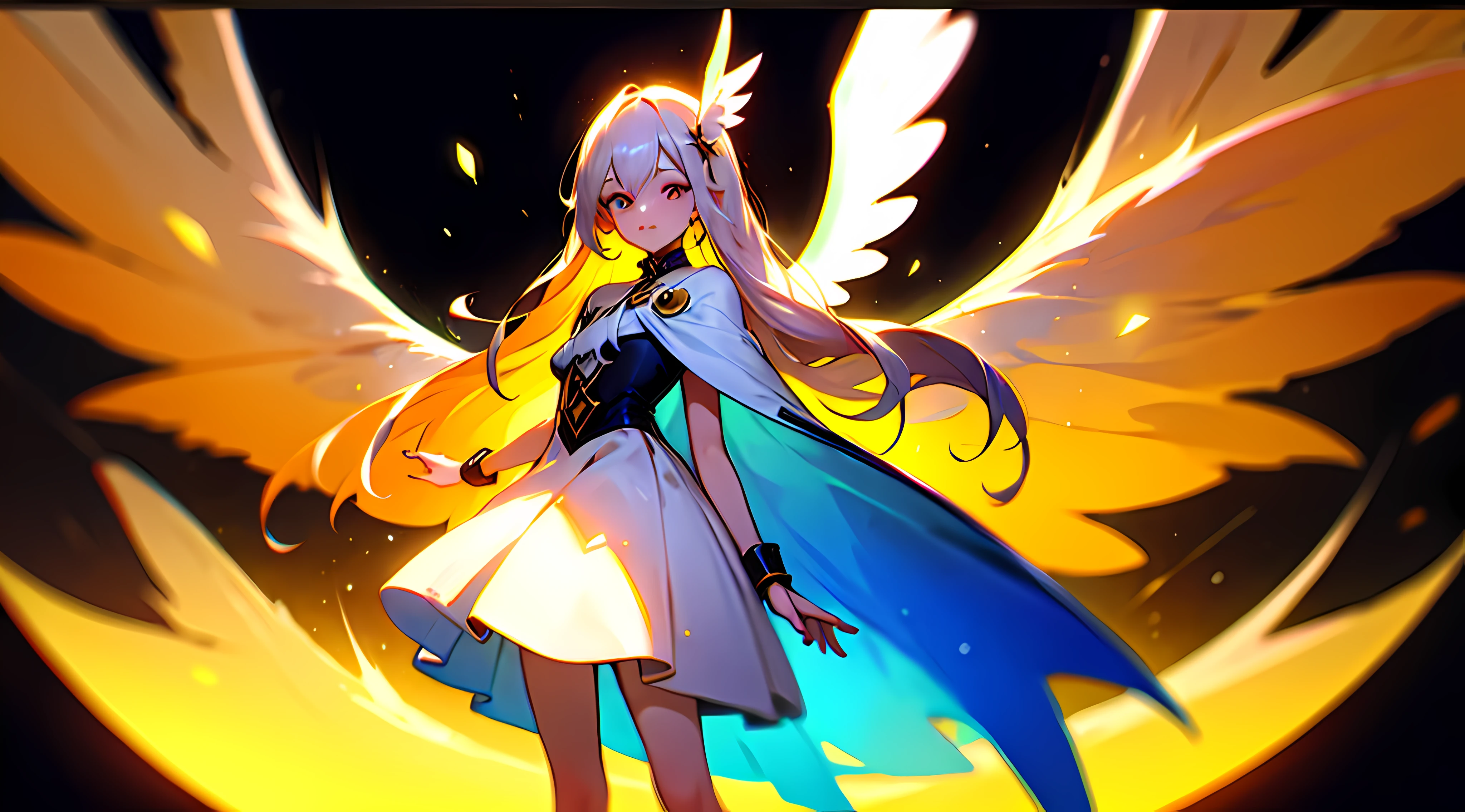 (masterpaintings:1.4),(optimal quality:1.4),(Very cute angel girl,Super detailed face,jewel like eyes,Extra-long white hair,Colorful gradient hair:1.4),(angel ring: 1.4), (angel wing: 1.4), (Whole human body, Perfect 2 arms, Perfect 2 legs: 1.4), Perfect 4 fingers: 1 thumb, Light light, lustrous, Bokeh, ultra fine