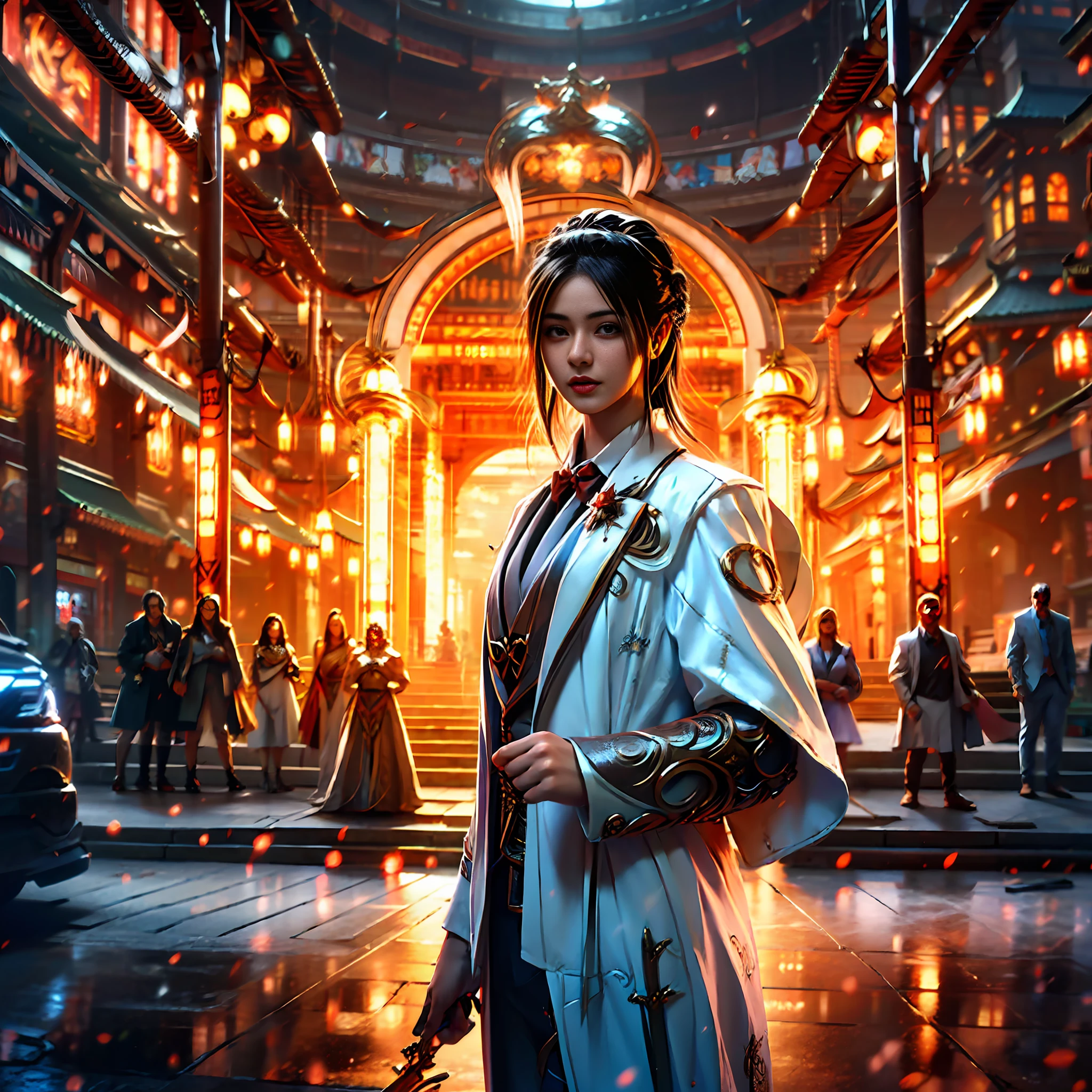 feminine portrait，Fantasyart，photographrealistic，dynamic  lighting，artstation，a poster for a，Volumetriclighting，Very detailed faces，4 k，Award-Awarded，，1girl，in the darkness nigth，deep-shadows，lowkey，Cowboy photos,(formalsuit:1.4),length hair,whitehair,