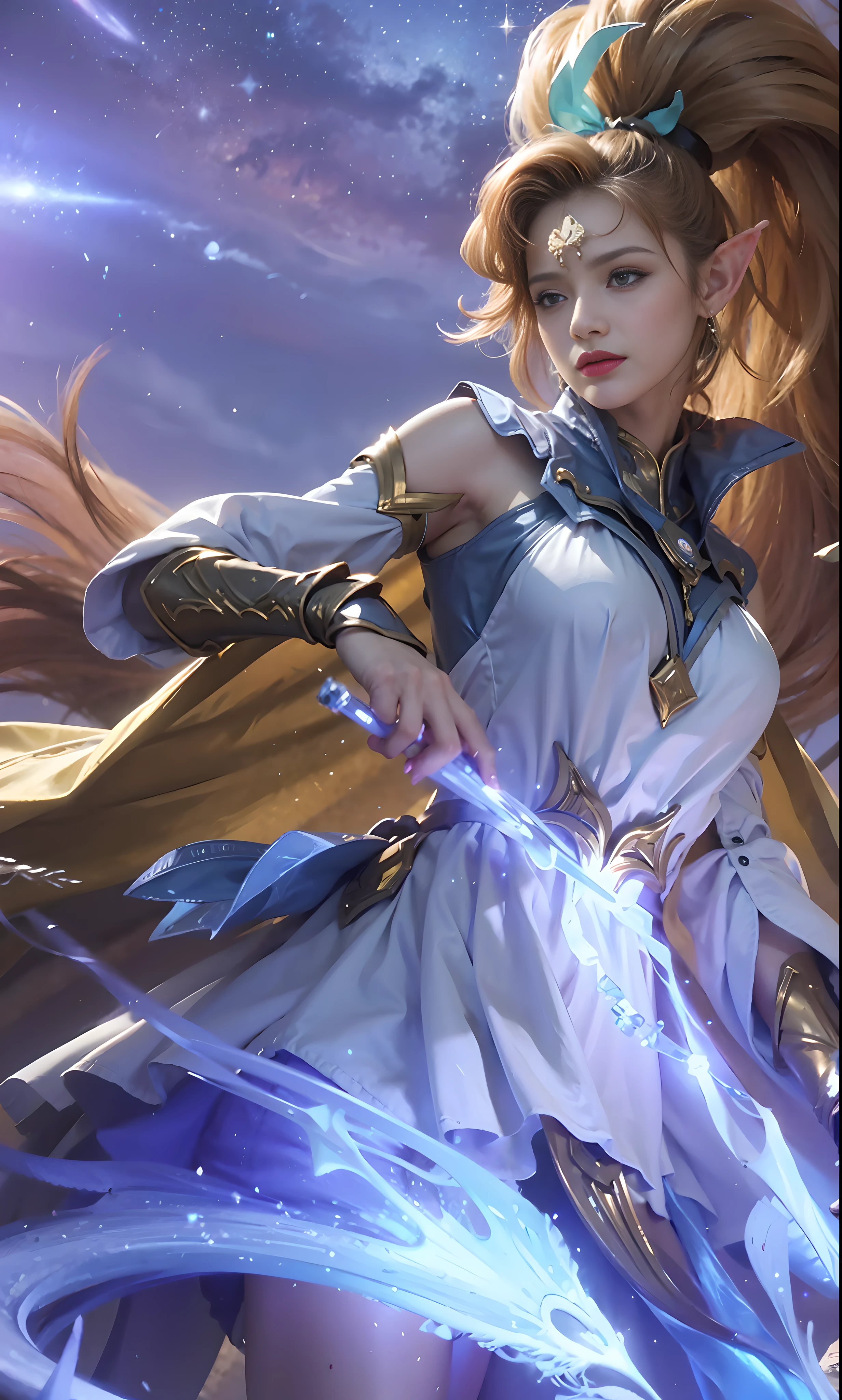 (female:1.2), 8k, ultra hd, ultra detailed texture, hyper realistic, masterpiece, detailed texture, detailed face, detailed skin, detailed lighting, (photorealistic:1.5), best quality, beautiful lighting, cinematic lighting, professional lighting, ultra highres, realistic, detailed hair, real hair, high quality, (realskin:1.5), extremely detailed, finely detail, ultra-detailed, 1girl, solo, elf, floating, flying, pointy ears, (blue eyes:1.5), lips, nose, parted lips, make up, pretty, beautifull, cute face, wonderland, eye shadow, very long hair, high ponytails, yellow hair, bangs, alternate hair color, hair ornament, crescent moon ornament, large breasts, armpit, thigh, shoulder armor, bare shoulders, pauldrons, white dress, sleeveless, detached sleeves, yellow cape, skirt, holding arrow \(projectile\), arrow \(projectile\), glowing arrow \(weapon\),miya \(mobile legends\), looking aways, amazing pose, white skin, skin tight, outdoors, galaxy background, light particles, blue energy, magic, aurora, star \(sky\), starry sky, space, constellation, outdoors, blurry background, facing side, gold ornament forehead, little smile, cute girl