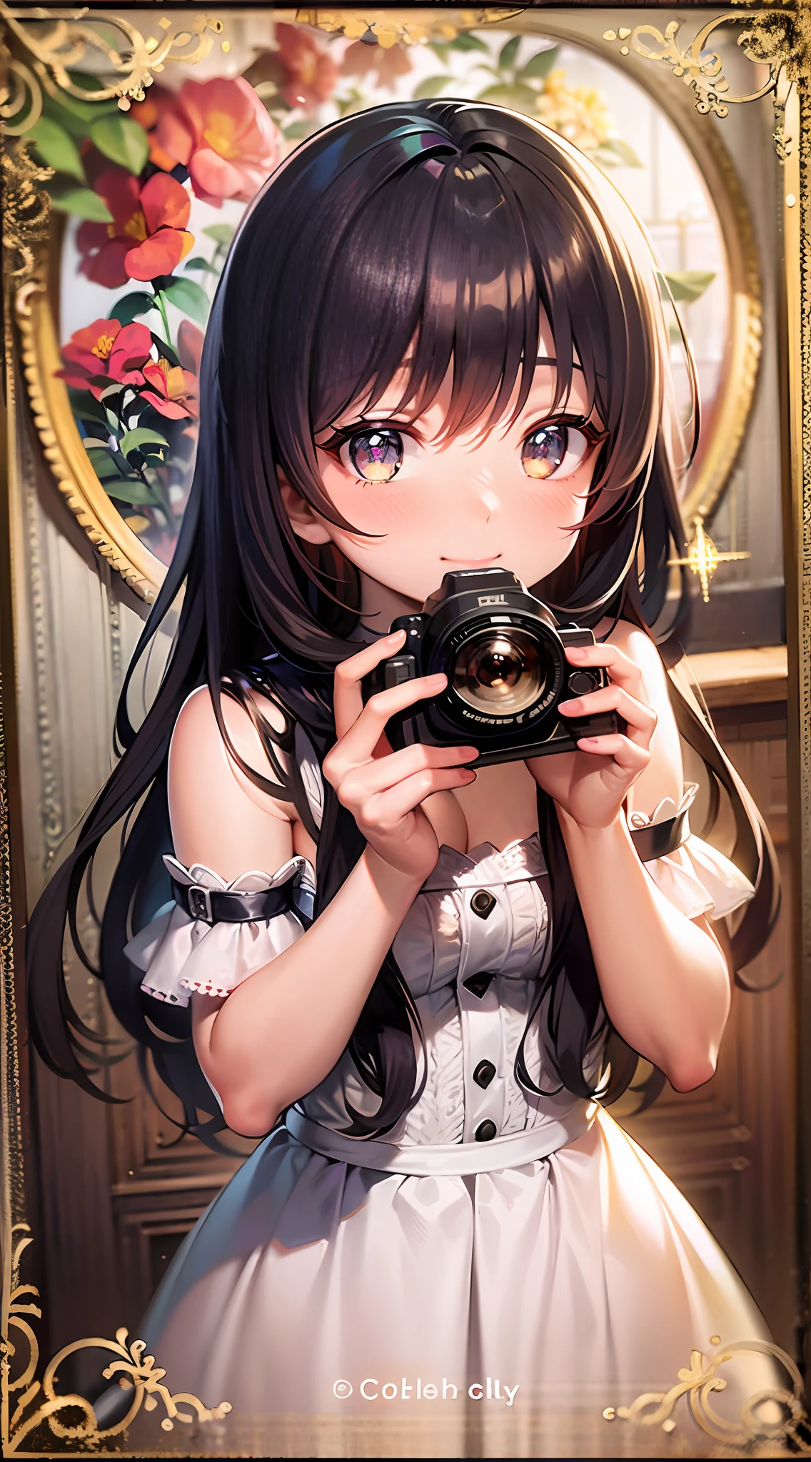 agirl, Dress coolly, light smile, covering mouth, nose blush, full-face blush, half-closed eyes, framed, close-up, first-person view, fisheye, cowboy shot, vignetting, bloom, sparkle