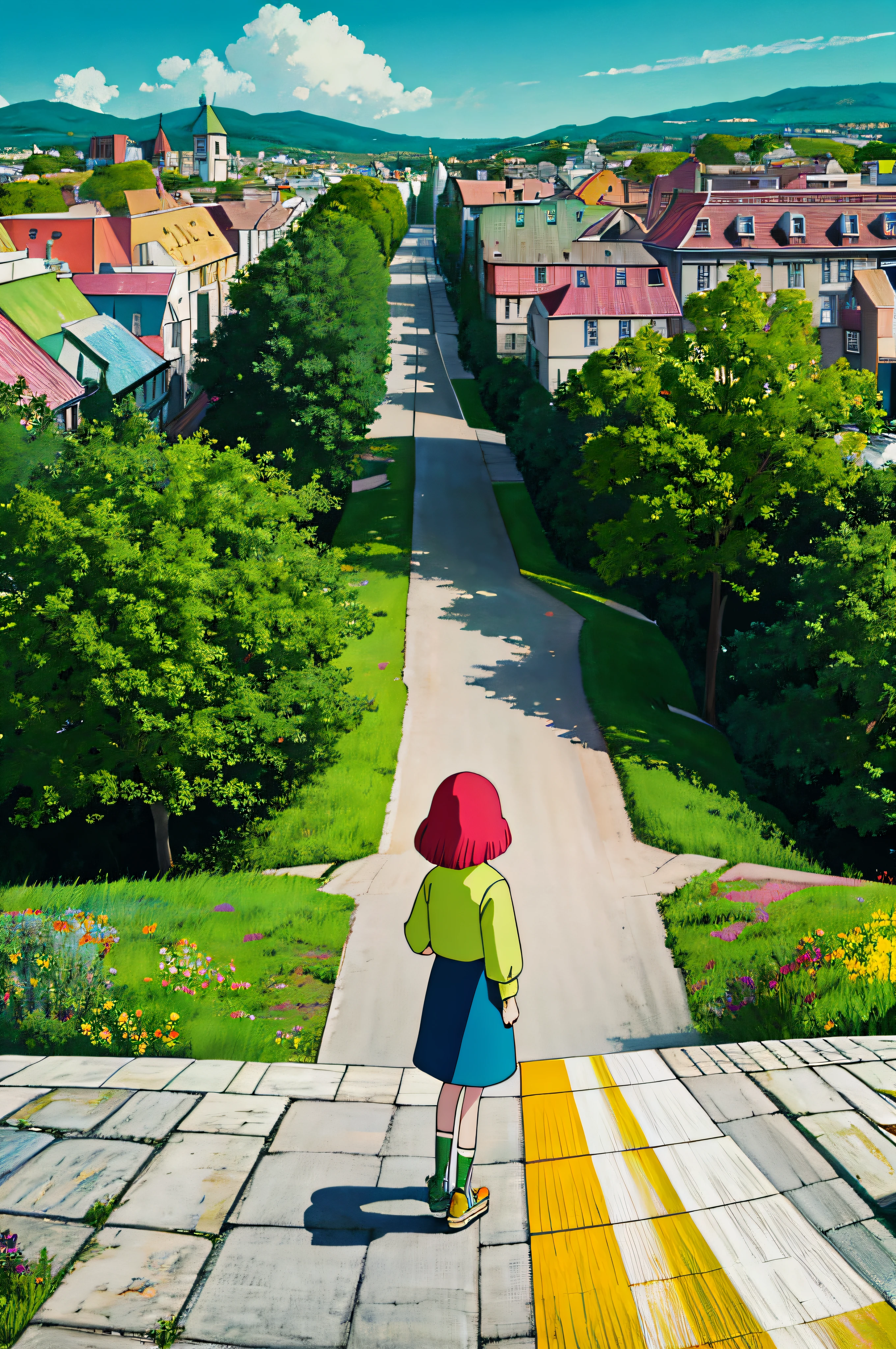 Polychrome, limited palette, colorful, scenery, 1girl, rainbow, green city,, detailed background, masterpiece, best quality,