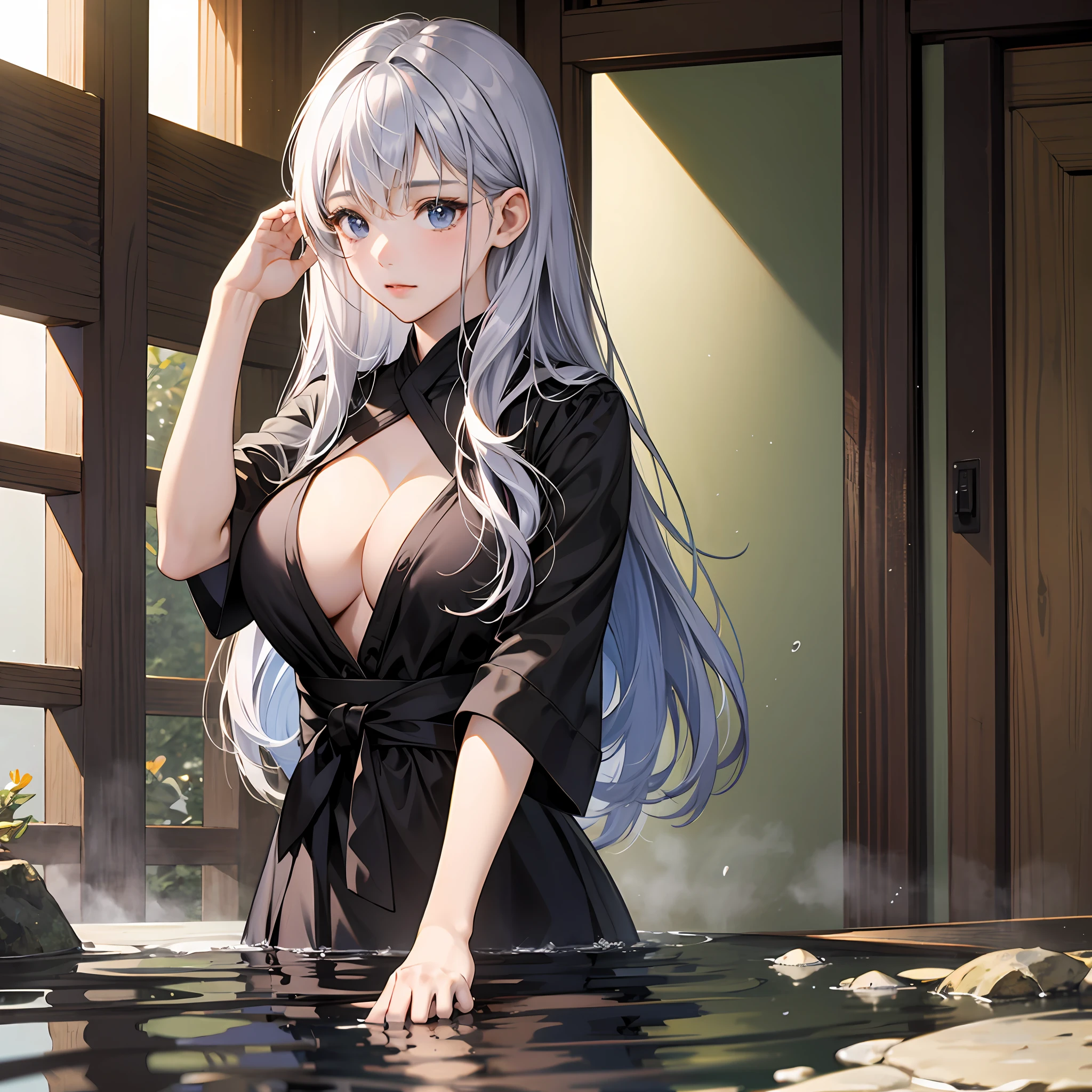 Large breasts、only girl、After the bath、Hiding by hand、I'm not wearing anything、has silver hair、 --auto
