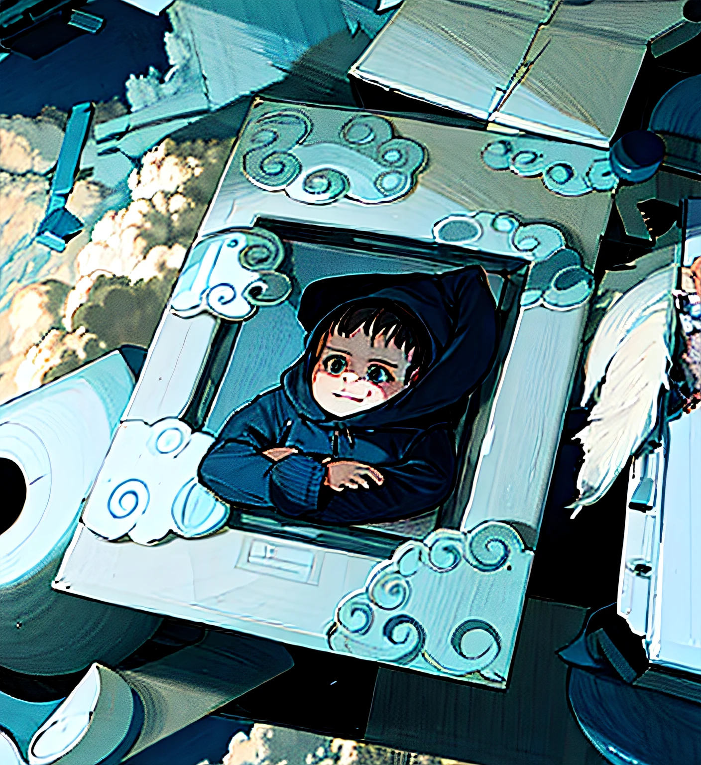 cute innocent small girl in a blue hoodie staring out of the window, the window is in middle of sky surrounded by clouds