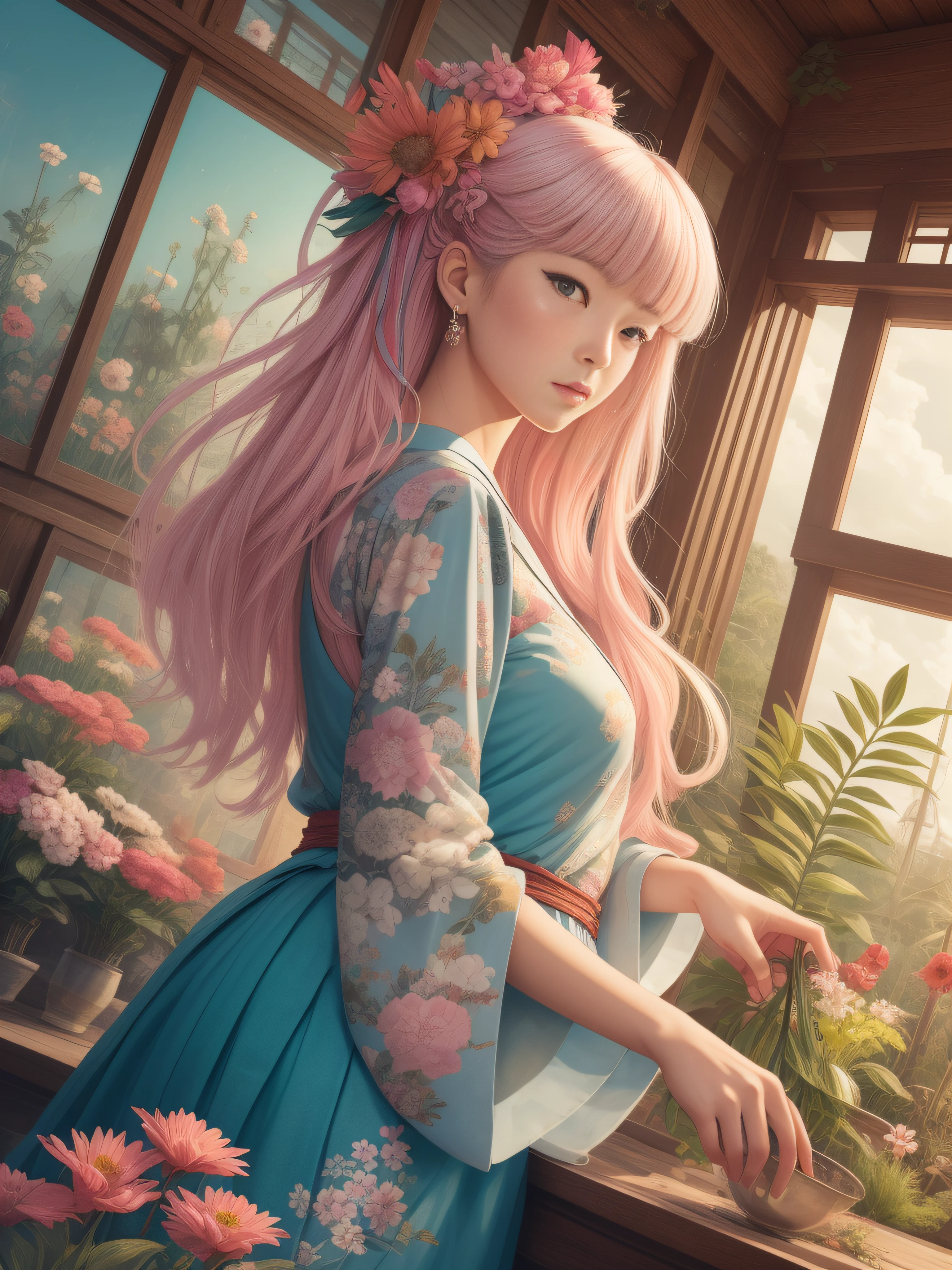 a woman, with plants around it, style of kitsch aesthetic, exotic, high-angle, pastel-colored scenes, i can't believe how beautiful this is, japanese-influenced prints, botanical abundance, naomi okubo, kris knight, flowerpunk, sky-blue and pink, jean giraud, soft pastel, organic form , ray tracing, anaglyph, pov, anatomically correct, award winning, masterpiece --ar 3:4 --style raw 50 --s 2