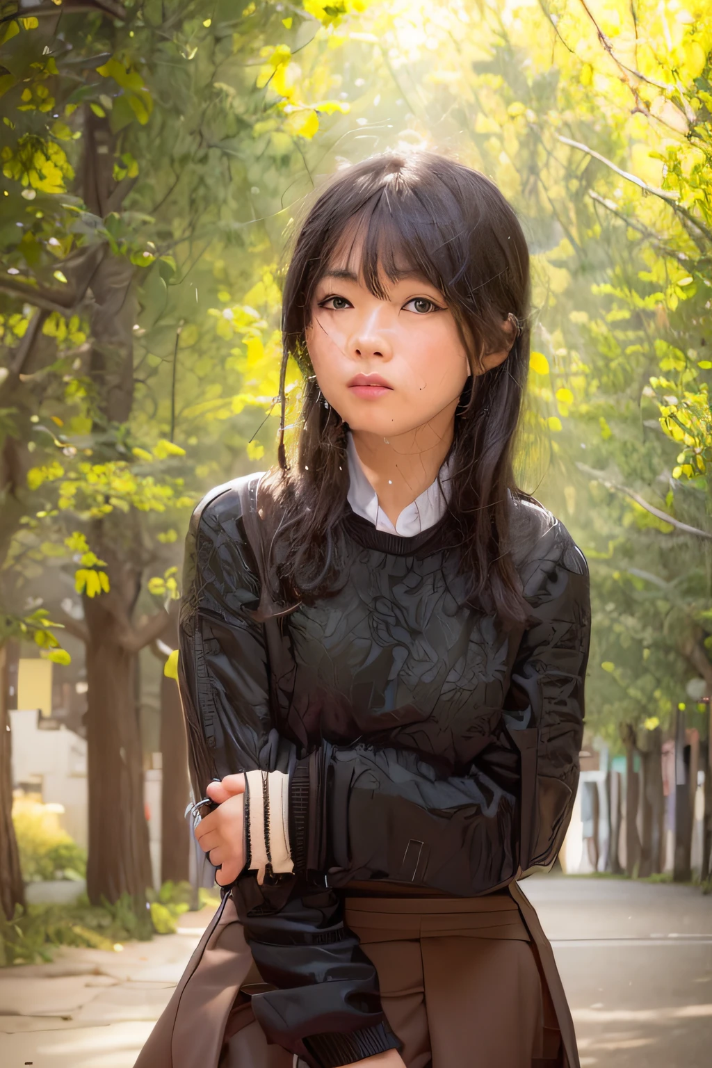 arafed asian woman in a black jacket and skirt posing for a picture, chiho, 奈良美智, Kotegawa Yui, sui ishida with black hair, Shiori Teshirogi, kimi takemura, iwakura lain, narumi kakinouchi, mayuri shiina, shikamimi、Walking along a tree-lined street --auto