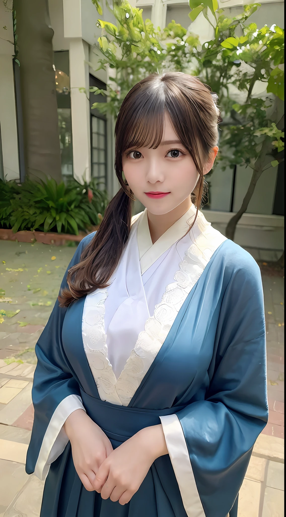 ((Best Picture Quality, 8K, masterpaintings:1.3)), 1girl huge large breasts, Full body photo,Beautiful woman with slender abs:1.3, (No leakage of big breasts:1.2)1.1, Ultra-fine face, detailed eye, 双眼皮,Smile with, Best quality, Top quality, ultra-high-resolution, 1girl huge large breasts, Elaborate Eyes,Delicate curves, Perfect skin(Skin of natural color),Slim,Model figure,Preposterous,plein-air,The background is slightly blurred,Very fine,lovly,beatifull,double ponytails,a gorgeous,Gorgeous Hanfu,Chinese Hanfu,Whole human body,Conjoinment,Side Body,All body,Behind the hand