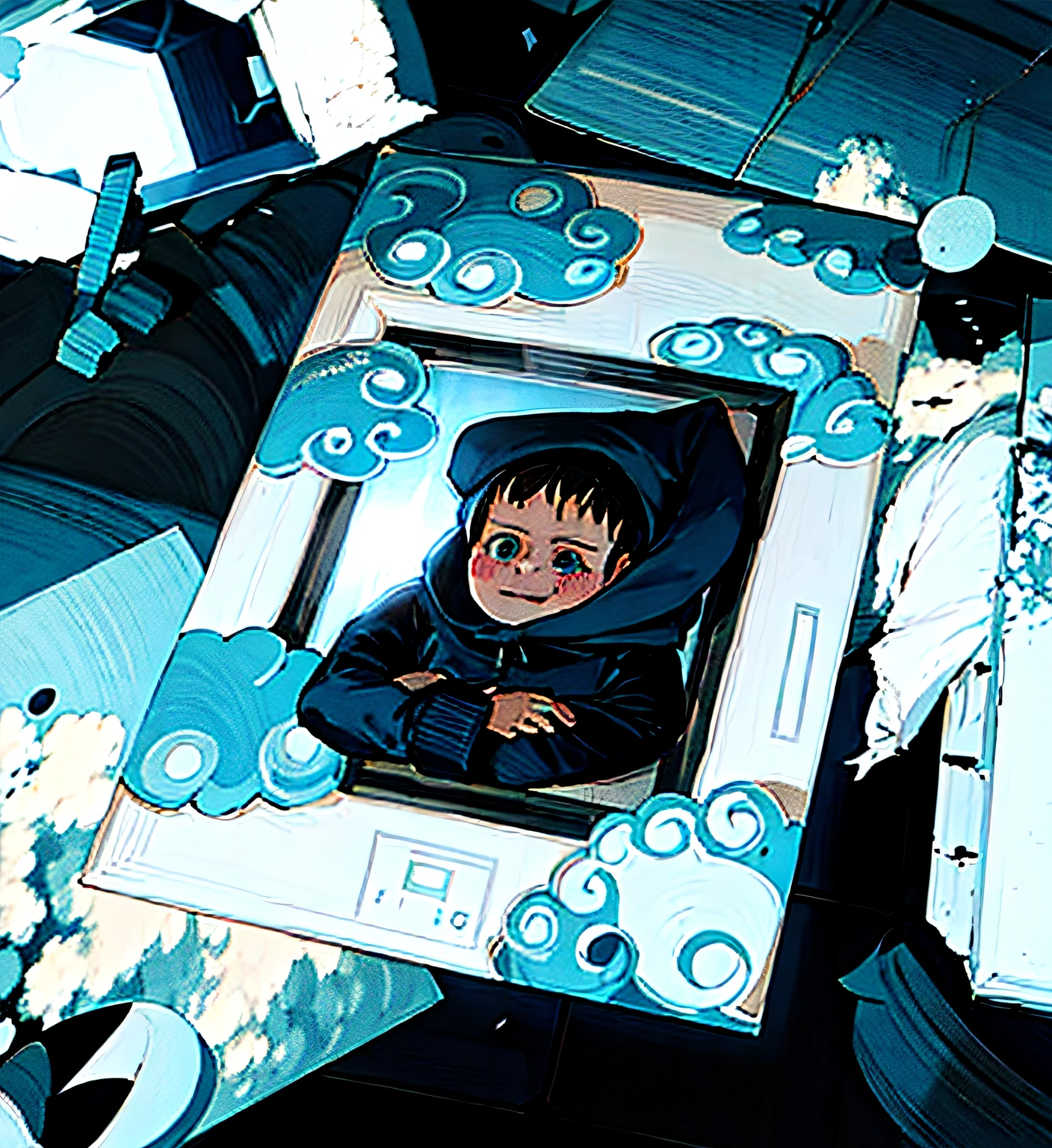 cute innocent small girl in a blue hoodie staring out of the window, the window is in middle of sky surrounded by clouds