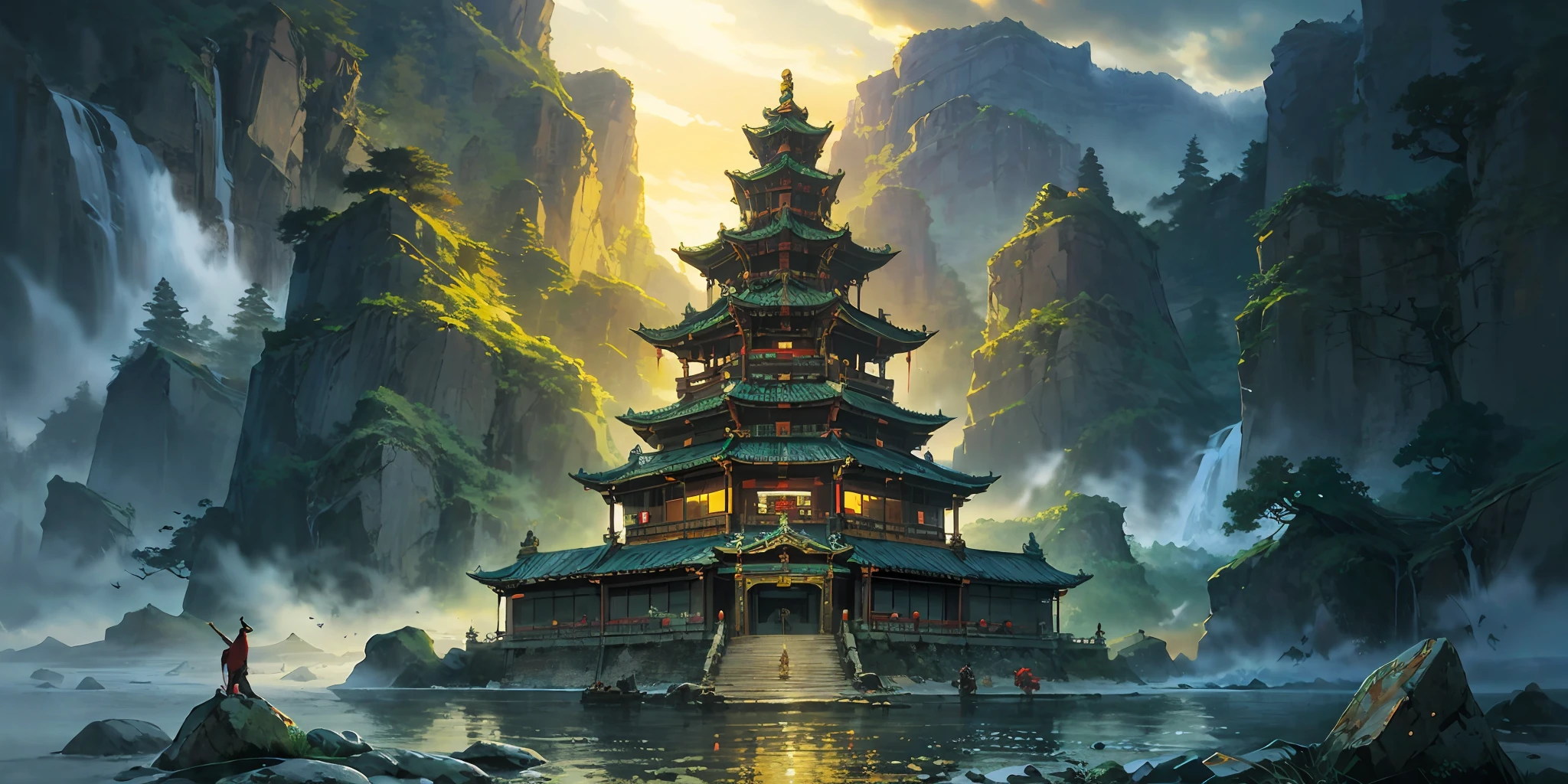 “((masterpaintings)),High quality,Super meticulous,A majestic ancient Chinese city deep in the mountains,stunning lighting effects,A spectacle of pure natural beauty。”