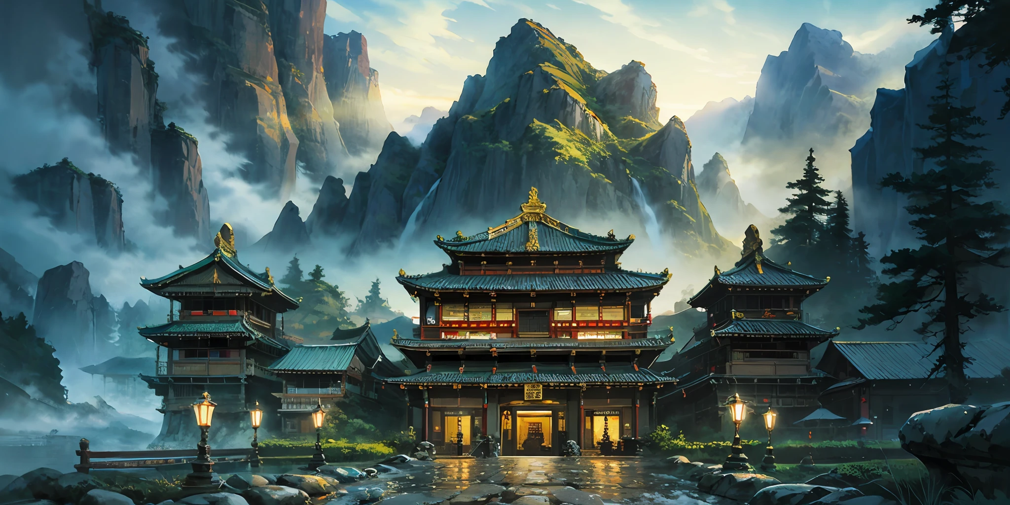 “((masterpaintings)),High quality,Super meticulous,A majestic ancient Chinese city deep in the mountains,stunning lighting effects,A spectacle of pure natural beauty。”