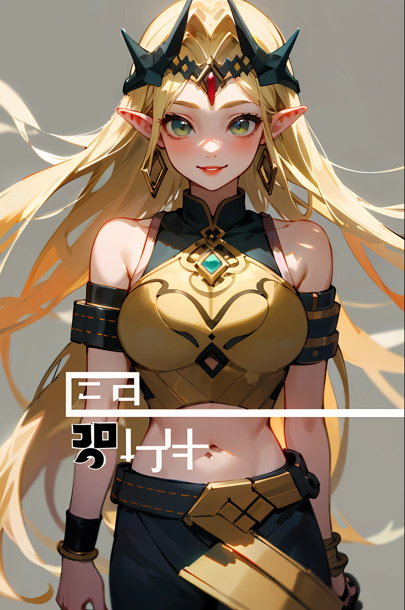(A masterpice:1.4)、(beste-Quality:1.4)、
1girl in, armlet, bare shoulder, blonde  hair, blushful, A bracelet, 가슴, circlet, elvish, verd s eyes, Wreath on the head, giant breast, jewlery, a large breast, length hair, looking at the viewers, Belly Navel, O-ring, o-ring top, pointy ear, simple background, a smile, 独奏, extra very long hair, ,Realstic,(shinny skin),(A masterpice:1.4),(beste-Quality:1.4),red-lips
